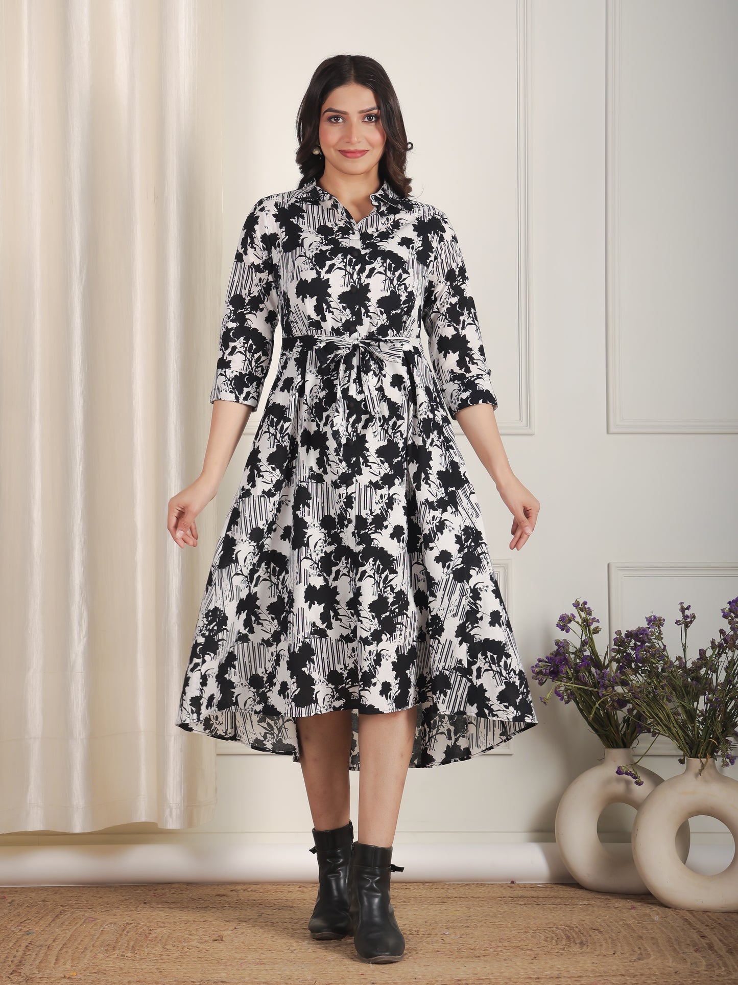 Soft Cotton Abstract Flared Black Dress