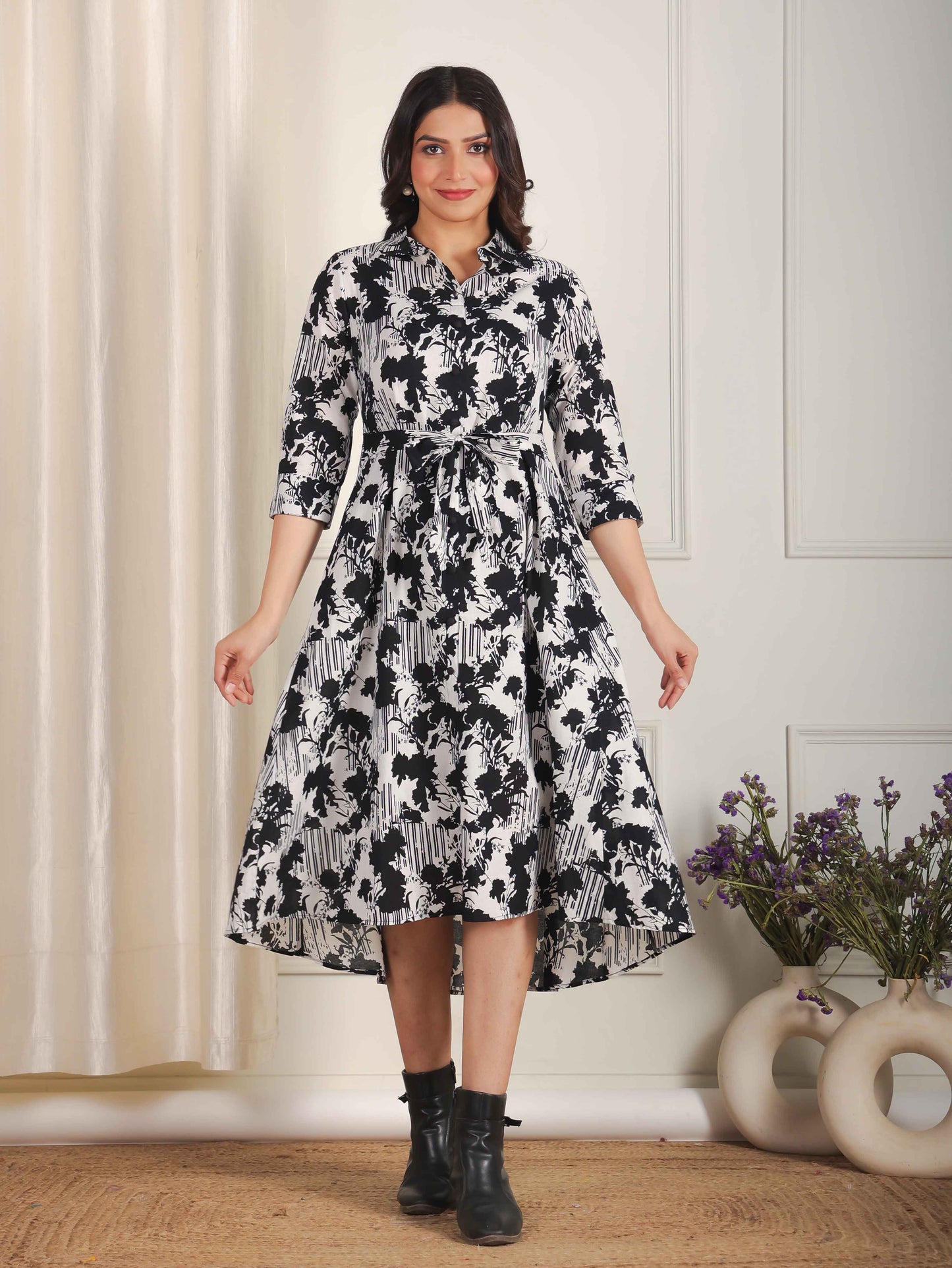 Soft Cotton Abstract Flared Black Dress