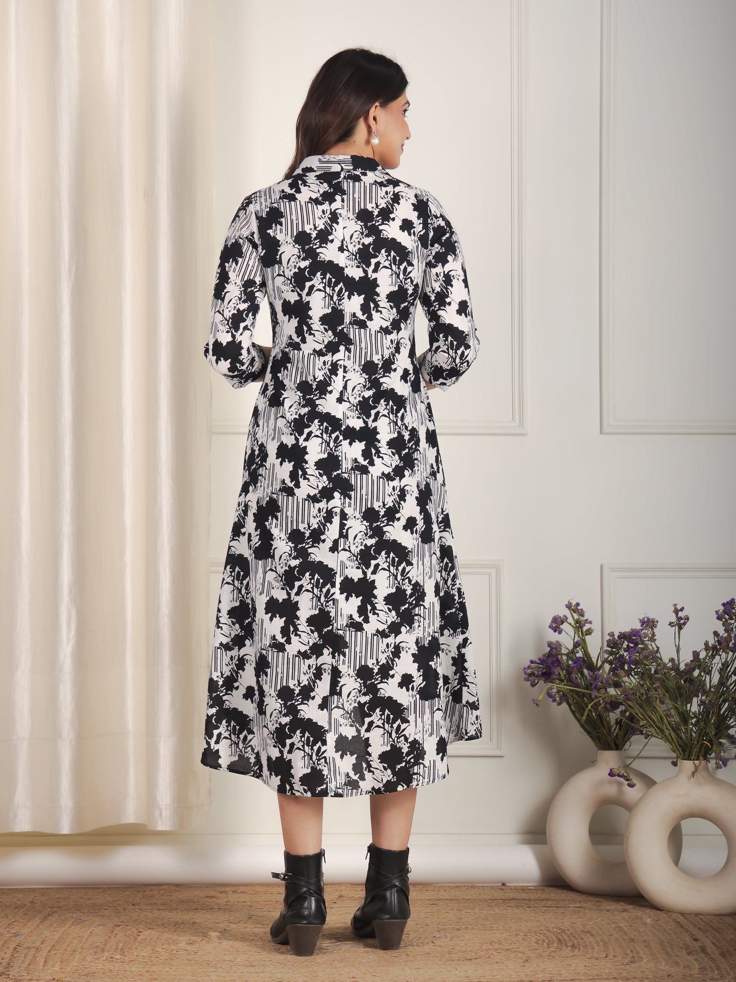Soft Cotton Abstract Flared Black Dress