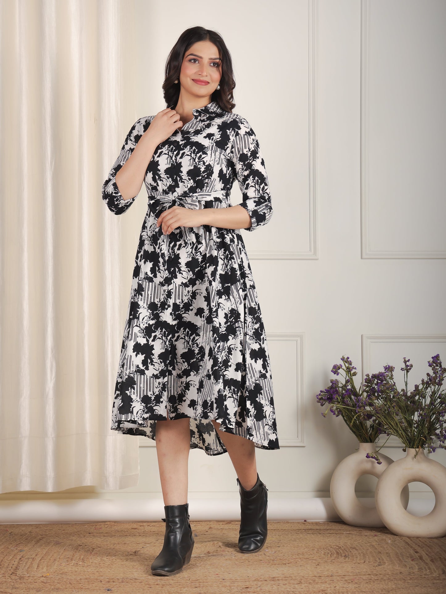 Soft Cotton Abstract Flared Black Dress