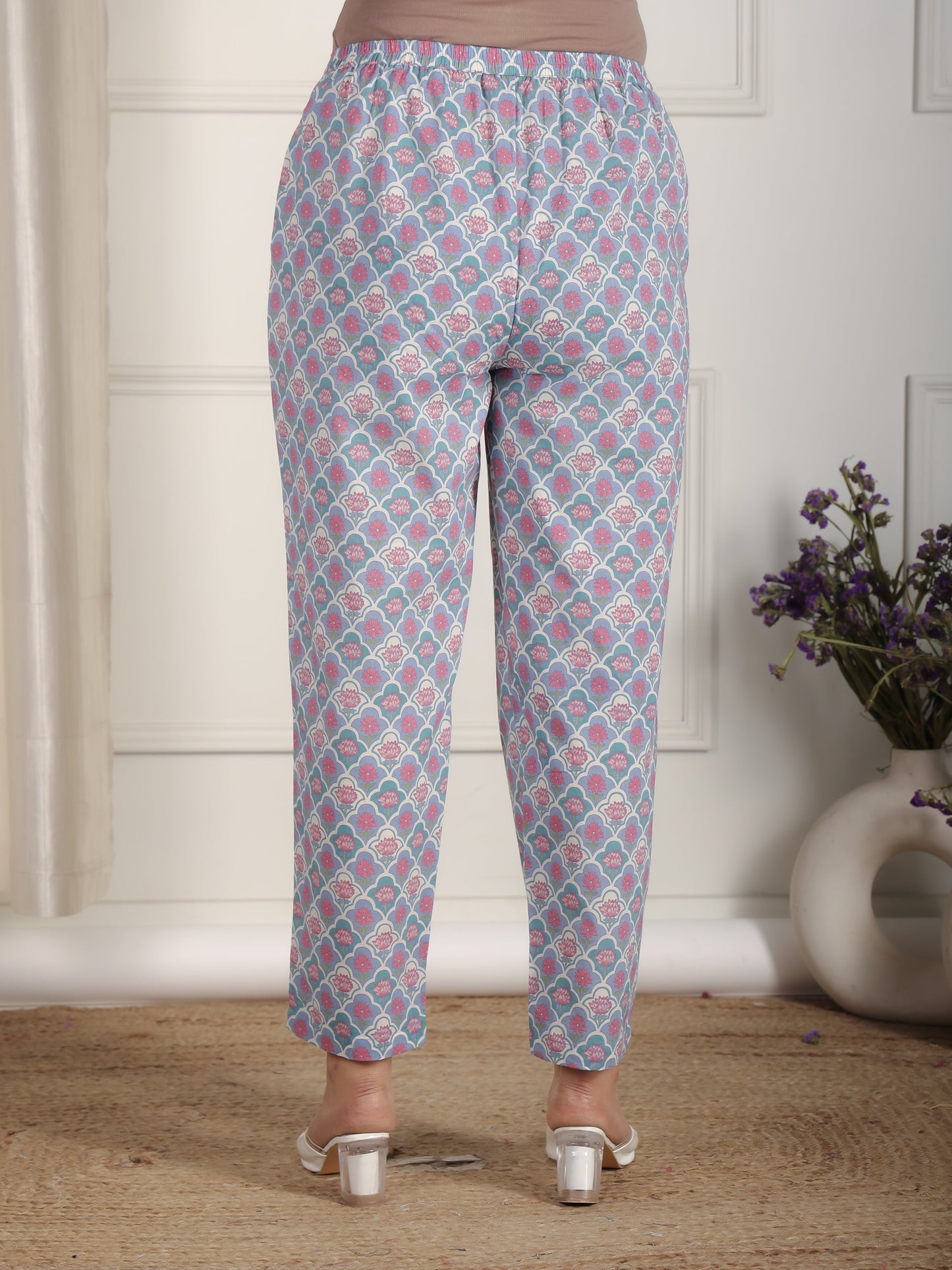 Soft Cotton Floral Blue Tapered Trousers