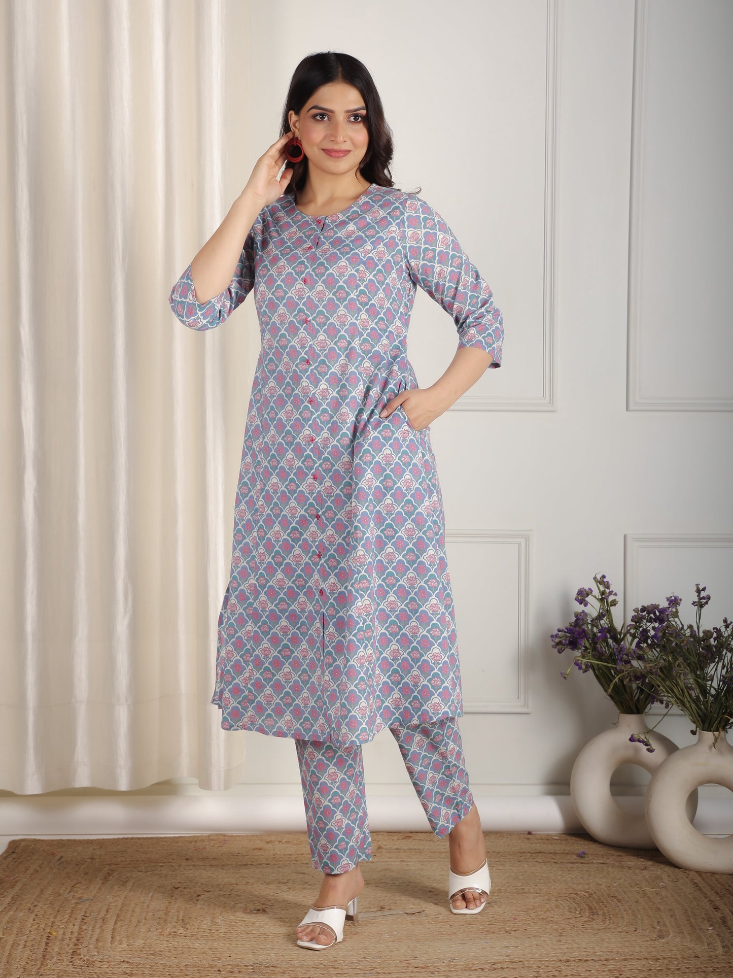 Soft Cotton Floral A-line Blue Kurta