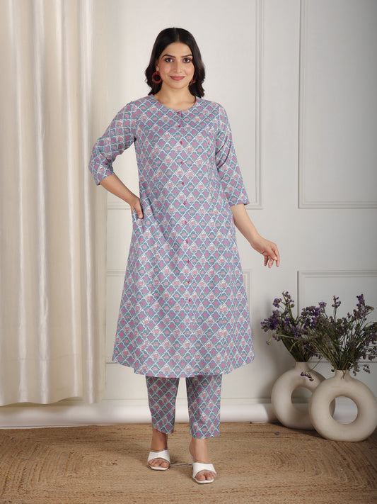 Soft Cotton Floral A-line Blue Kurta