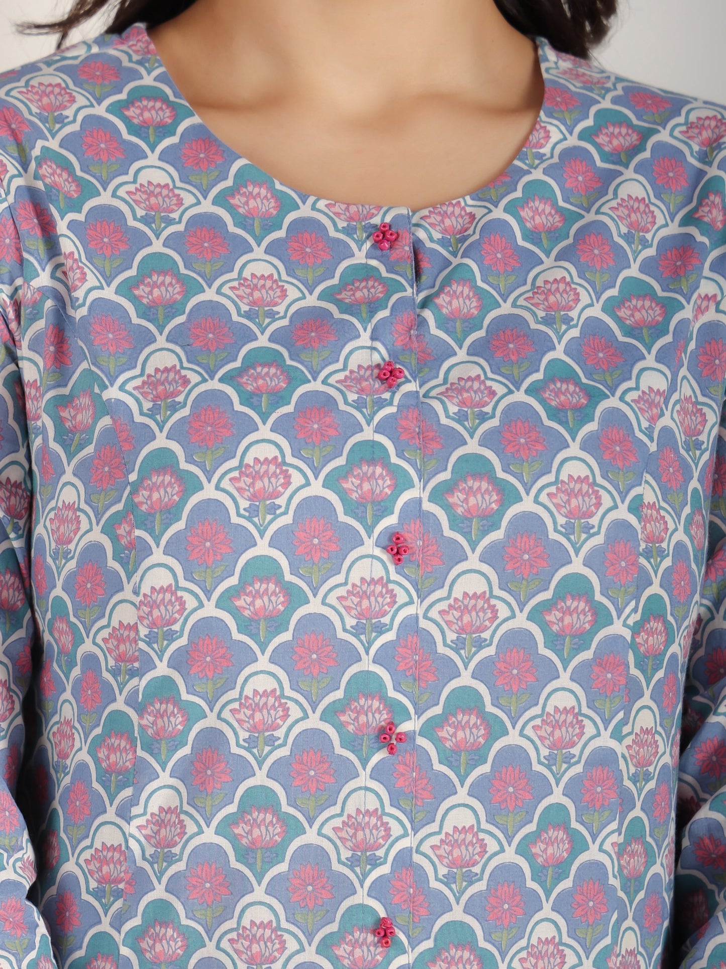 Soft Cotton Floral A-line Blue Kurta