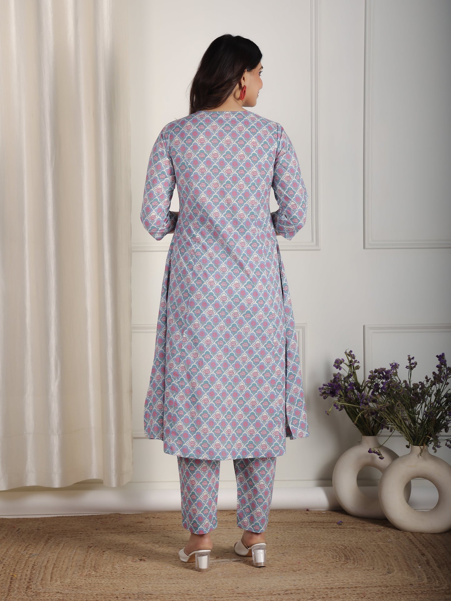 Soft Cotton Floral A-line Blue Kurta