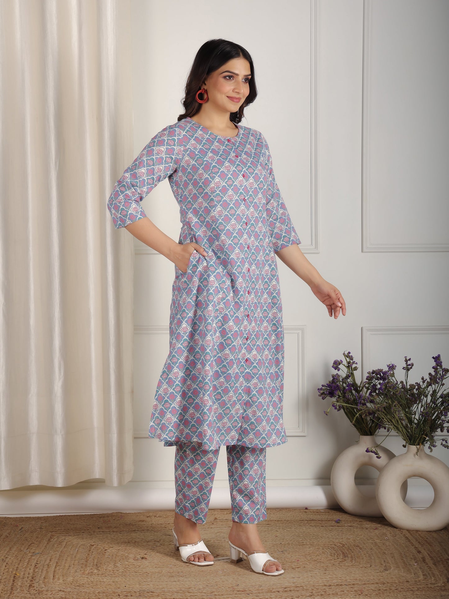 Soft Cotton Floral A-line Blue Kurta