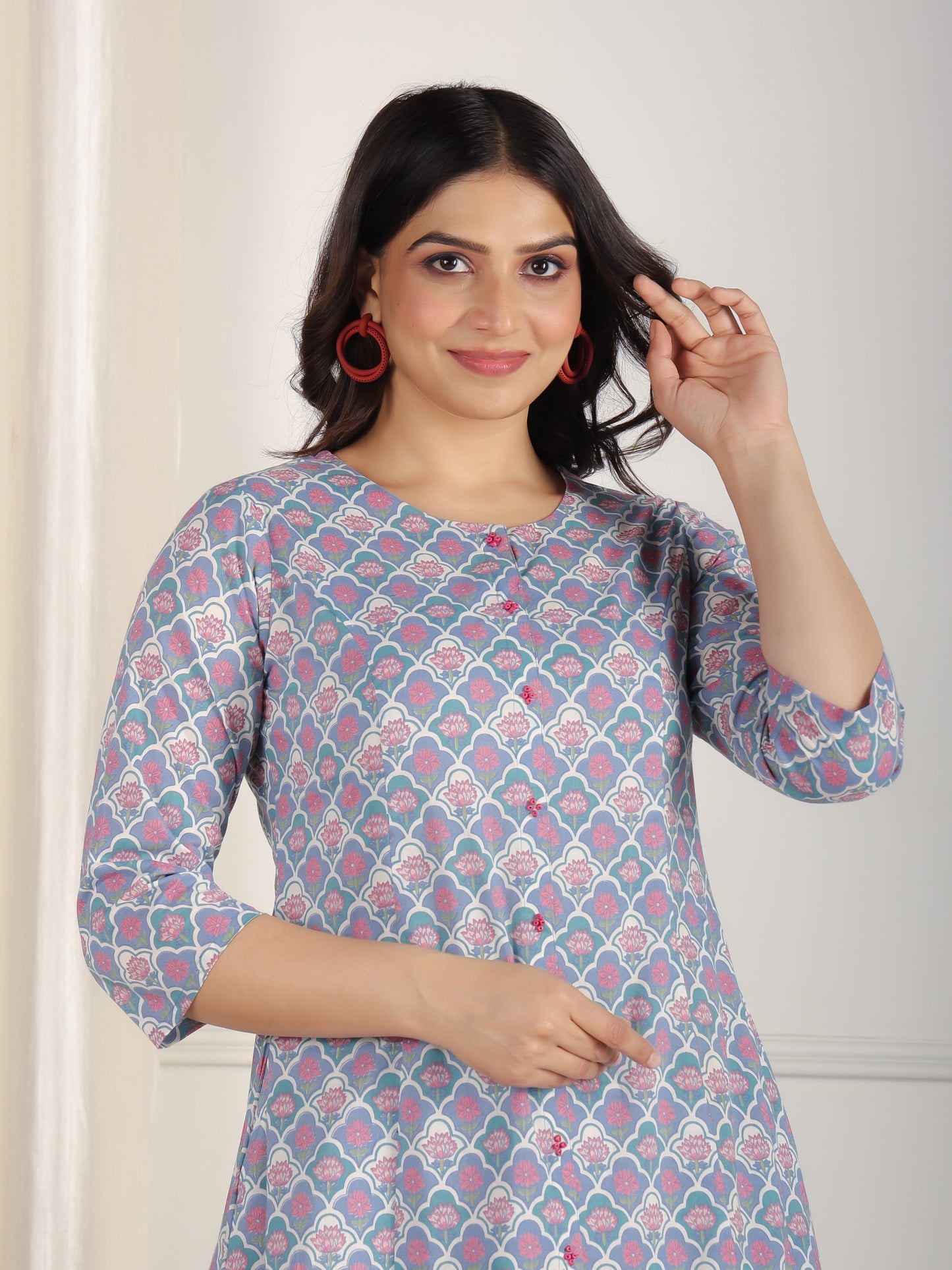 Soft Cotton Floral A-line Blue Kurta