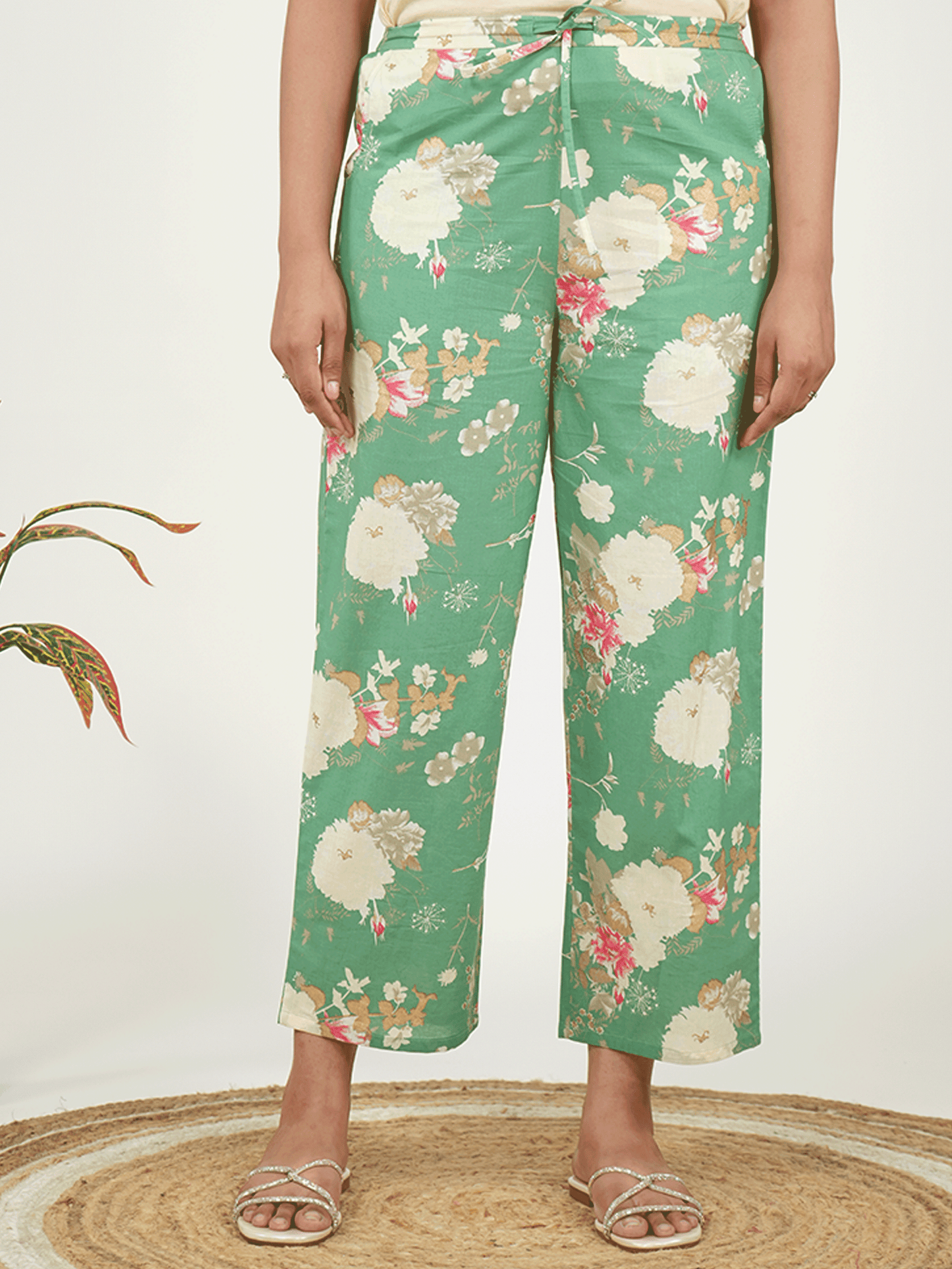 Linen Cotton Floral Green Straight Trousers