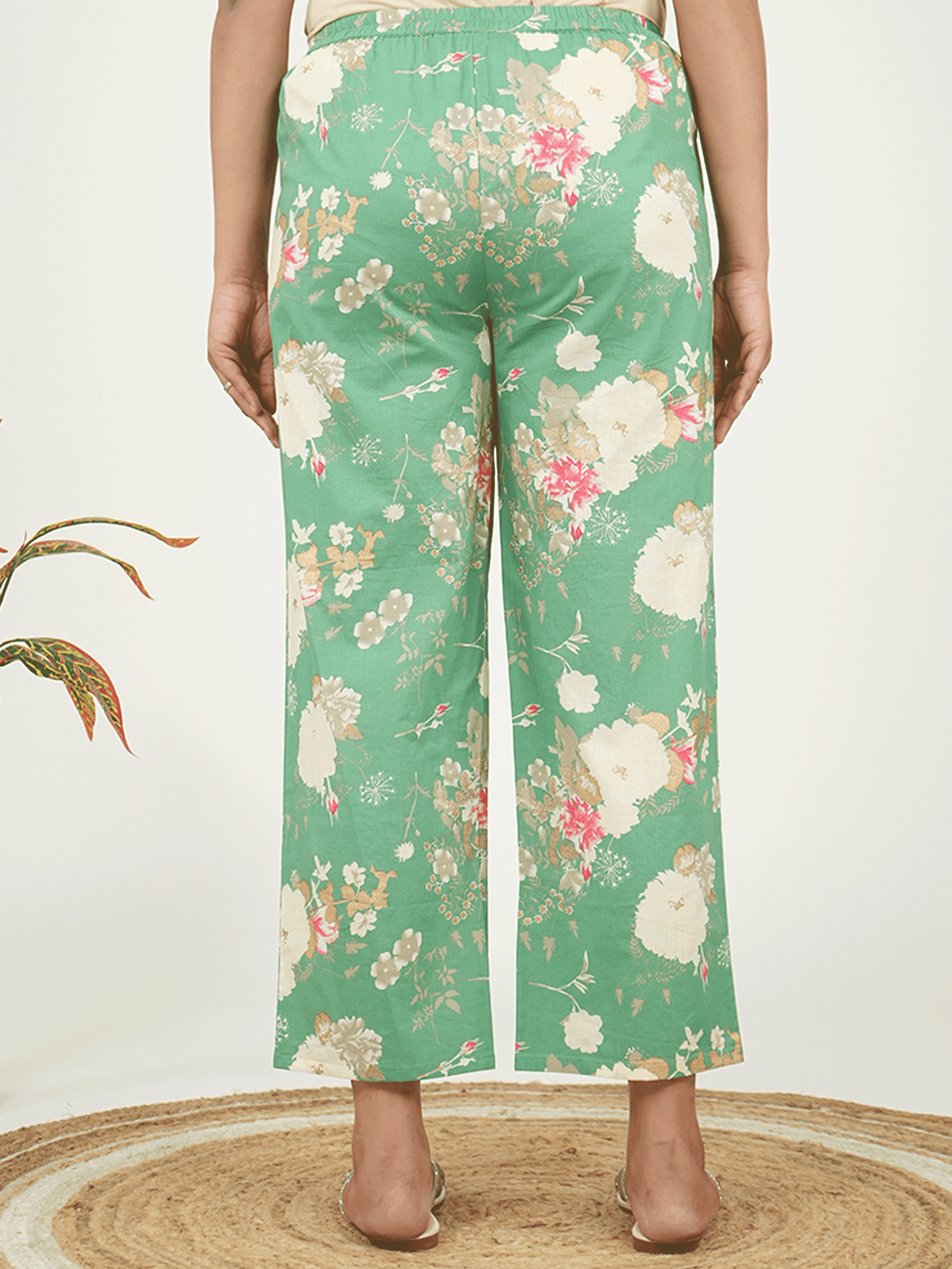 Linen Cotton Floral Green Straight Trousers