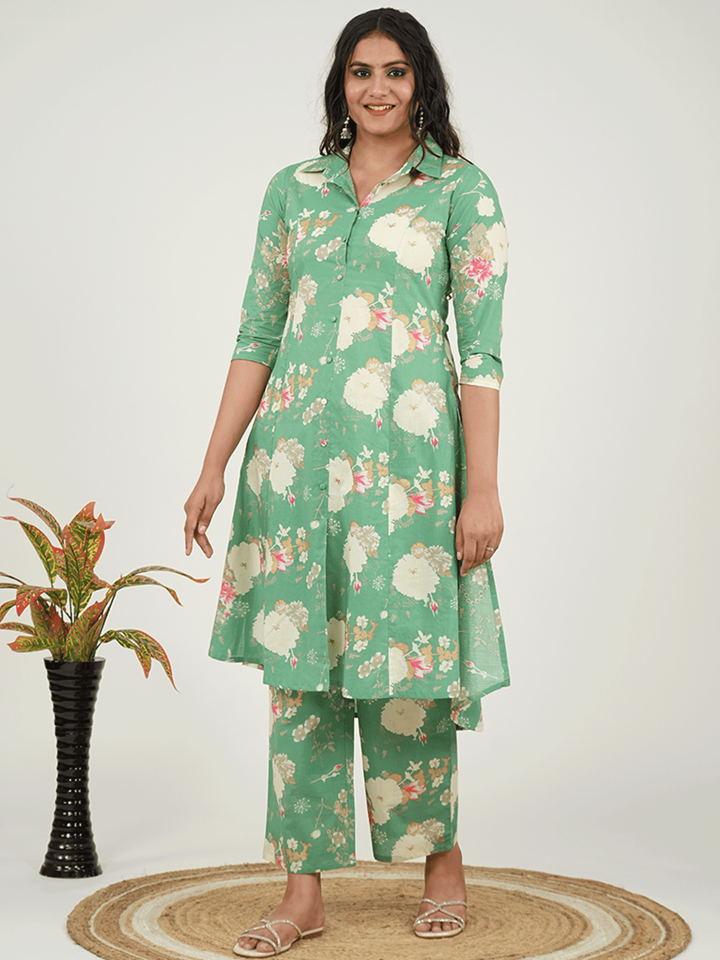 Linen Cotton Floral High Low Green Kurta