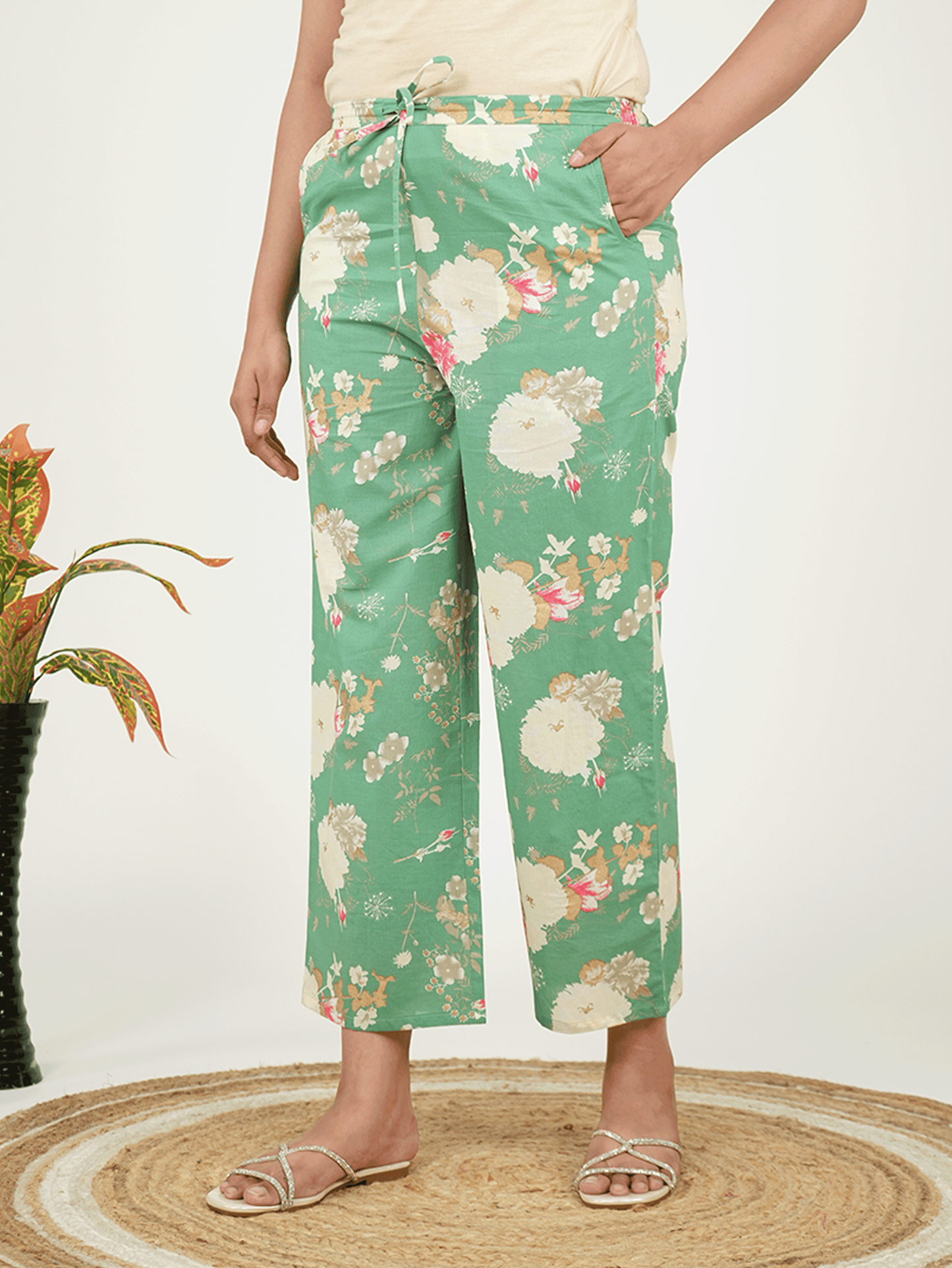 Linen Cotton Floral High Low Green Kurta