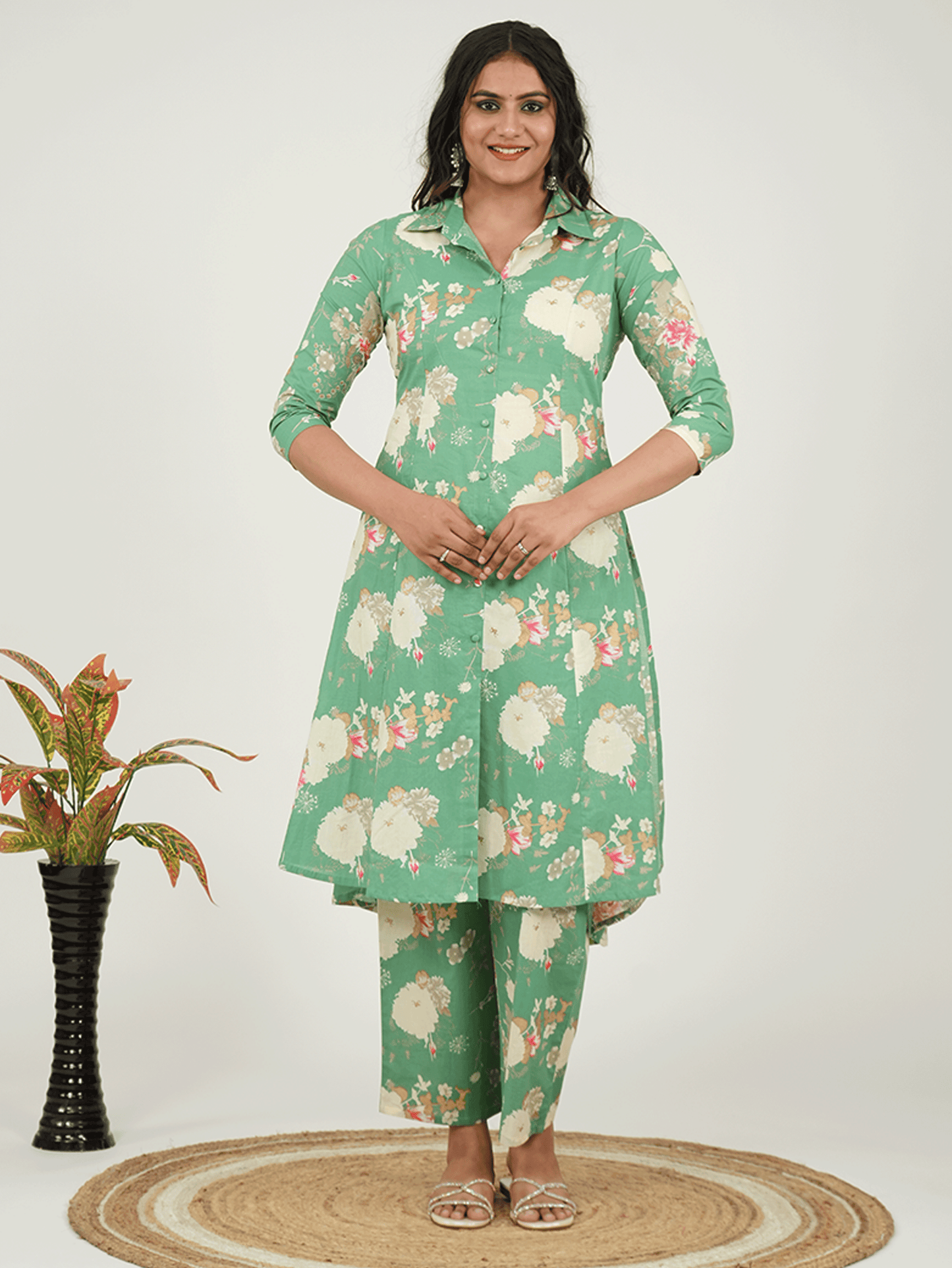 Linen Cotton Floral High Low Green Kurta