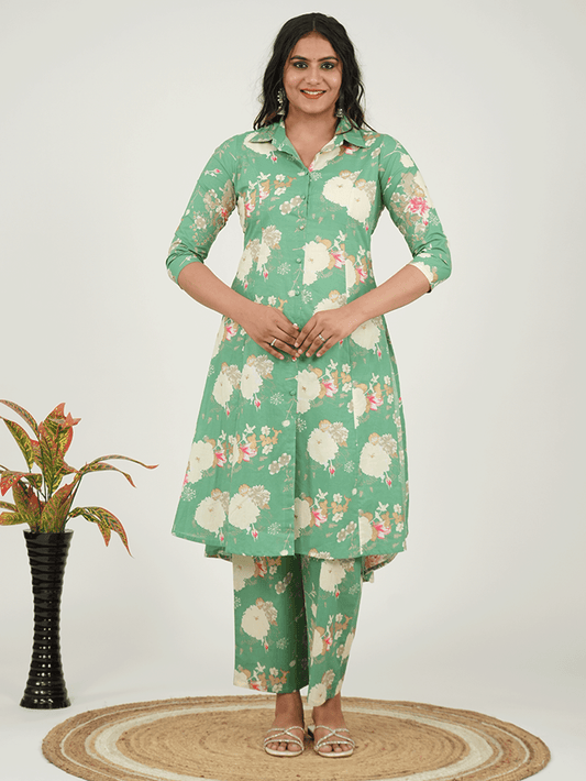 Linen Cotton Floral High Low Green Kurta
