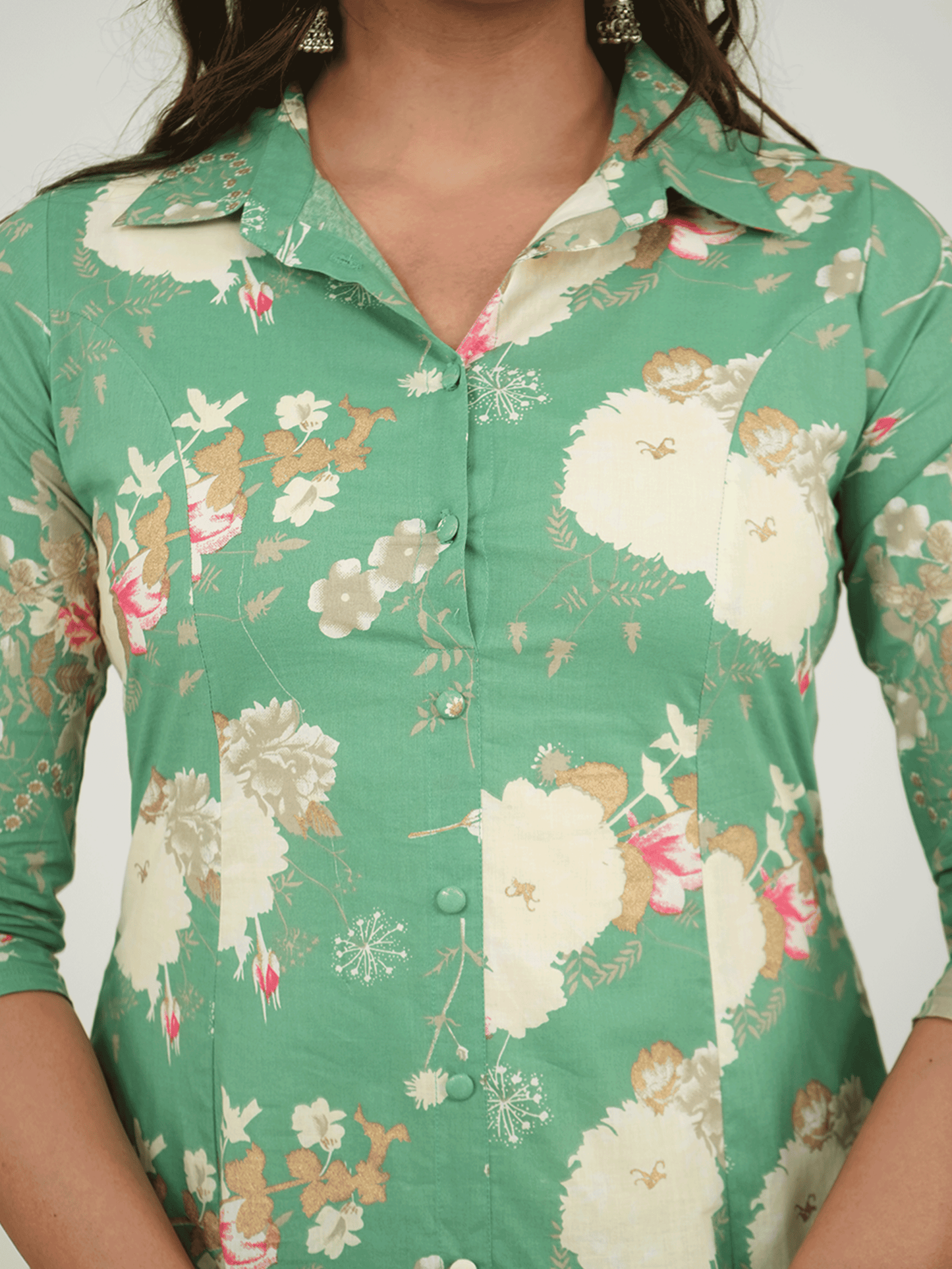 Linen Cotton Floral High Low Green Kurta