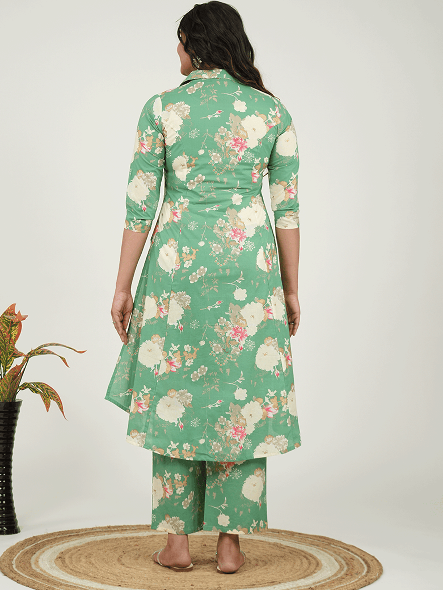 Linen Cotton Floral High Low Green Kurta