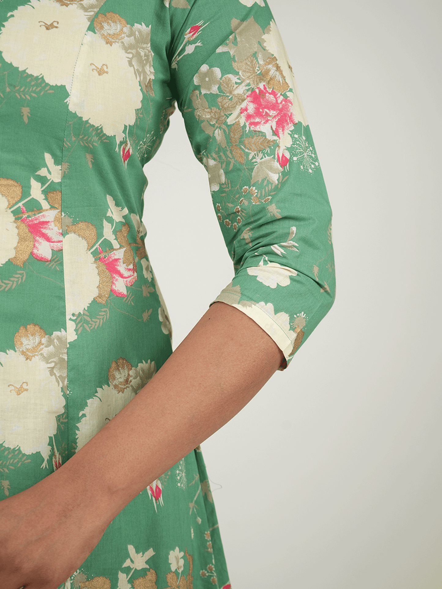 Linen Cotton Floral High Low Green Kurta