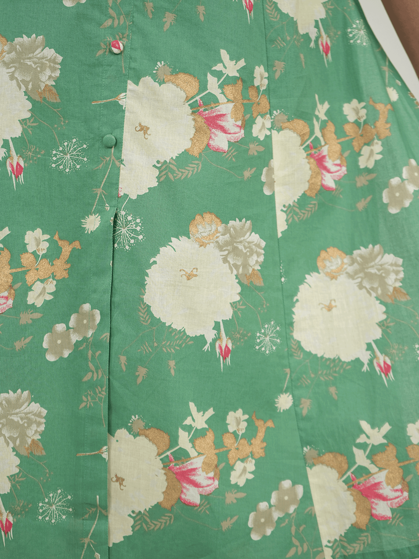 Linen Cotton Floral High Low Green Kurta