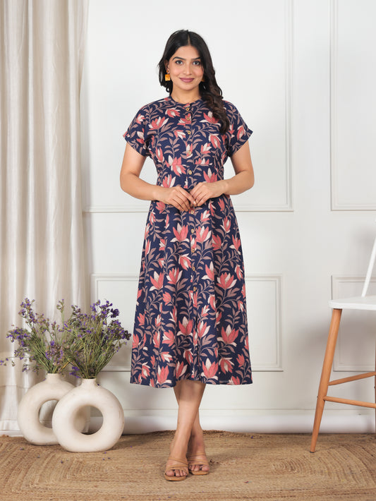 Soft Cotton Floral A-line Blue Dress