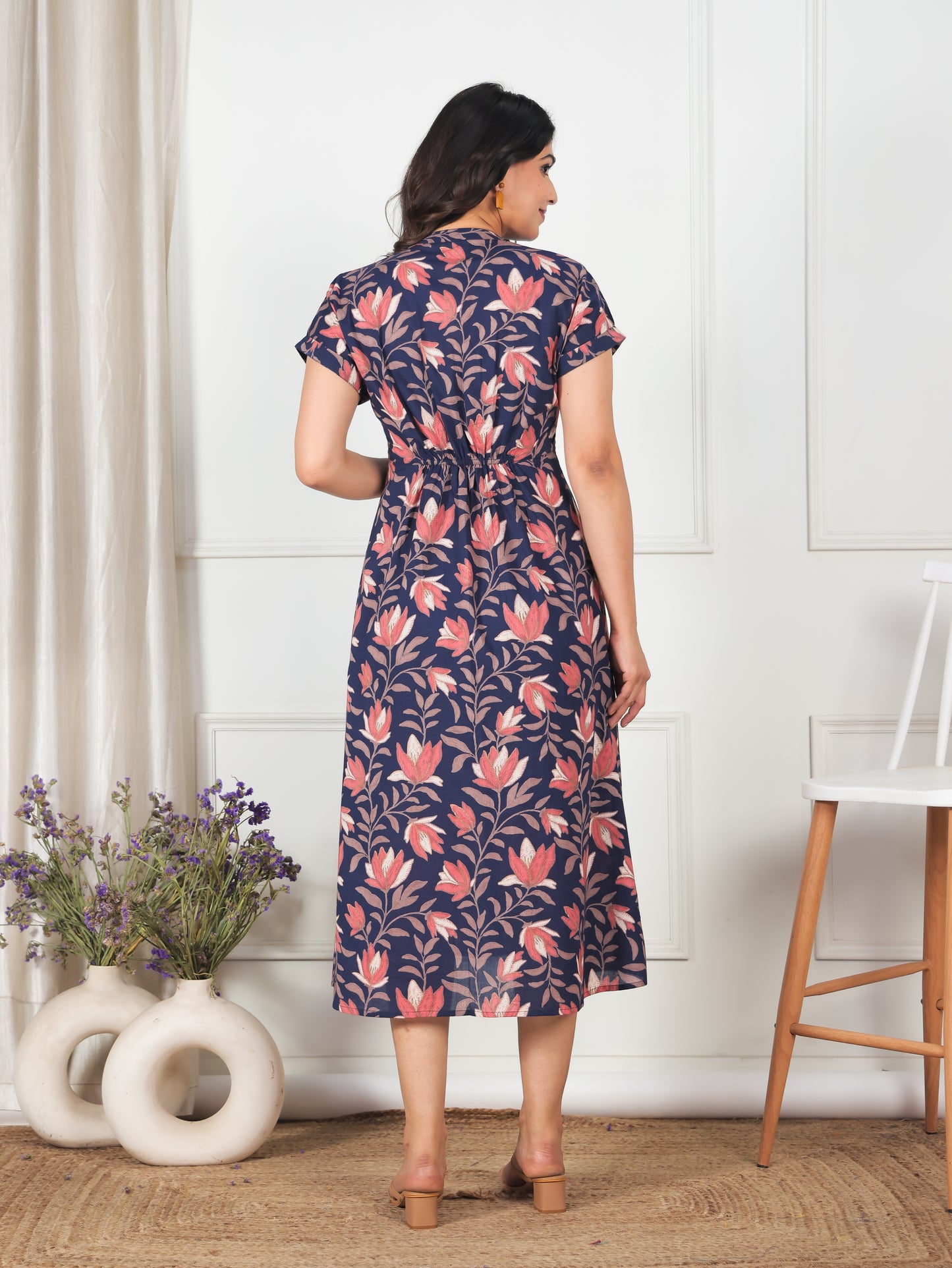 Soft Cotton Floral A-line Blue Dress