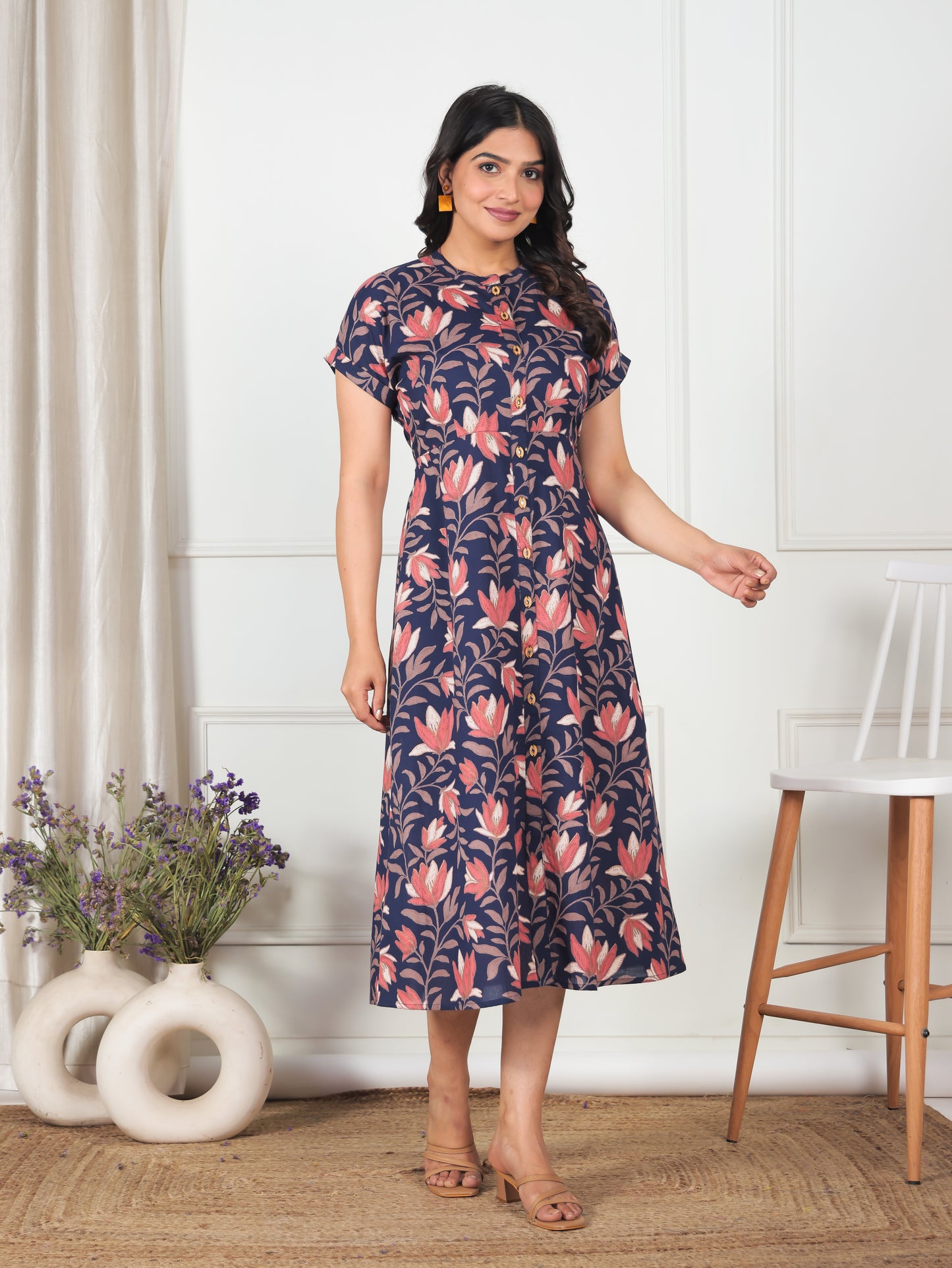 Soft Cotton Floral A-line Blue Dress