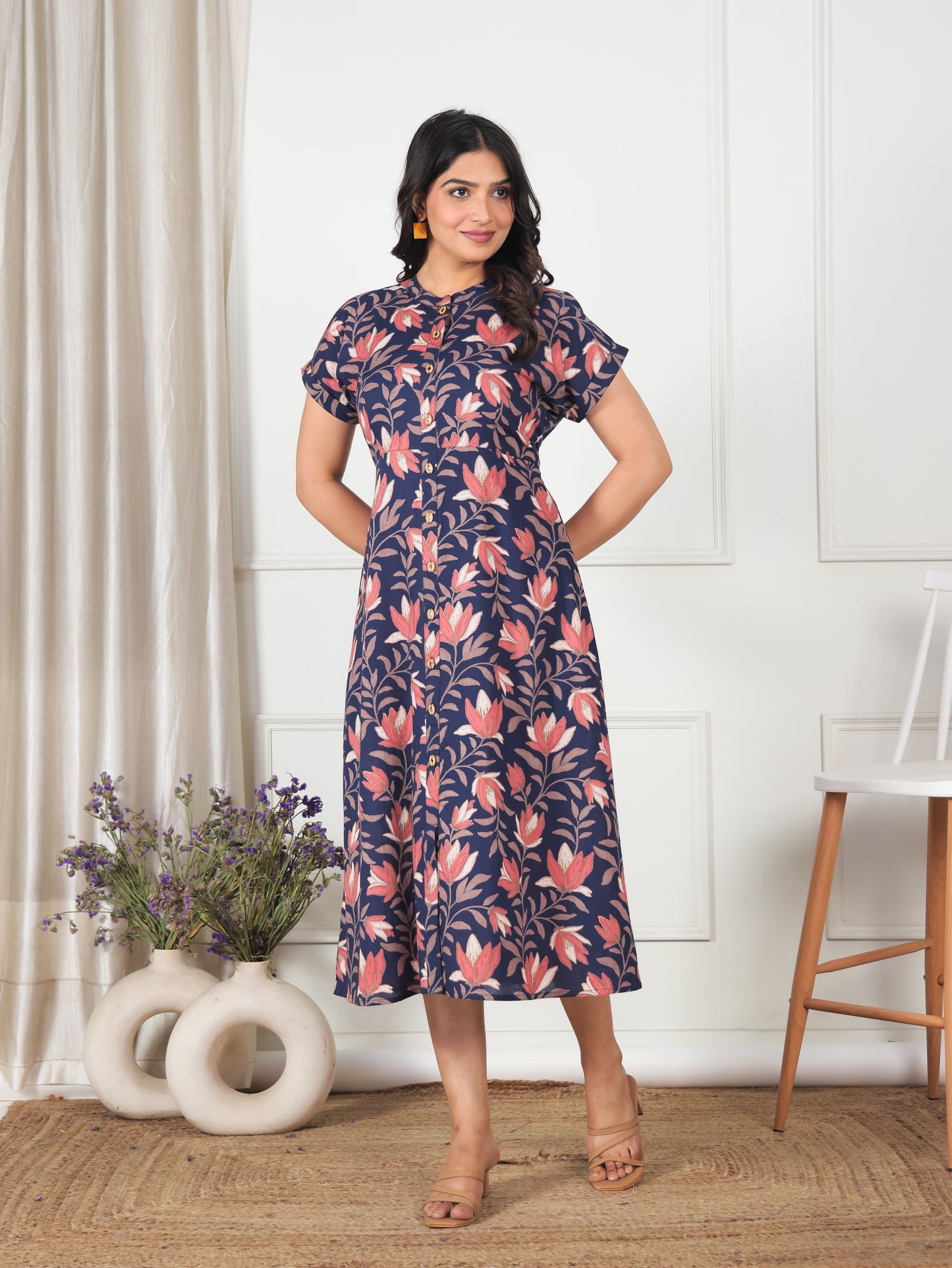 Soft Cotton Floral A-line Blue Dress
