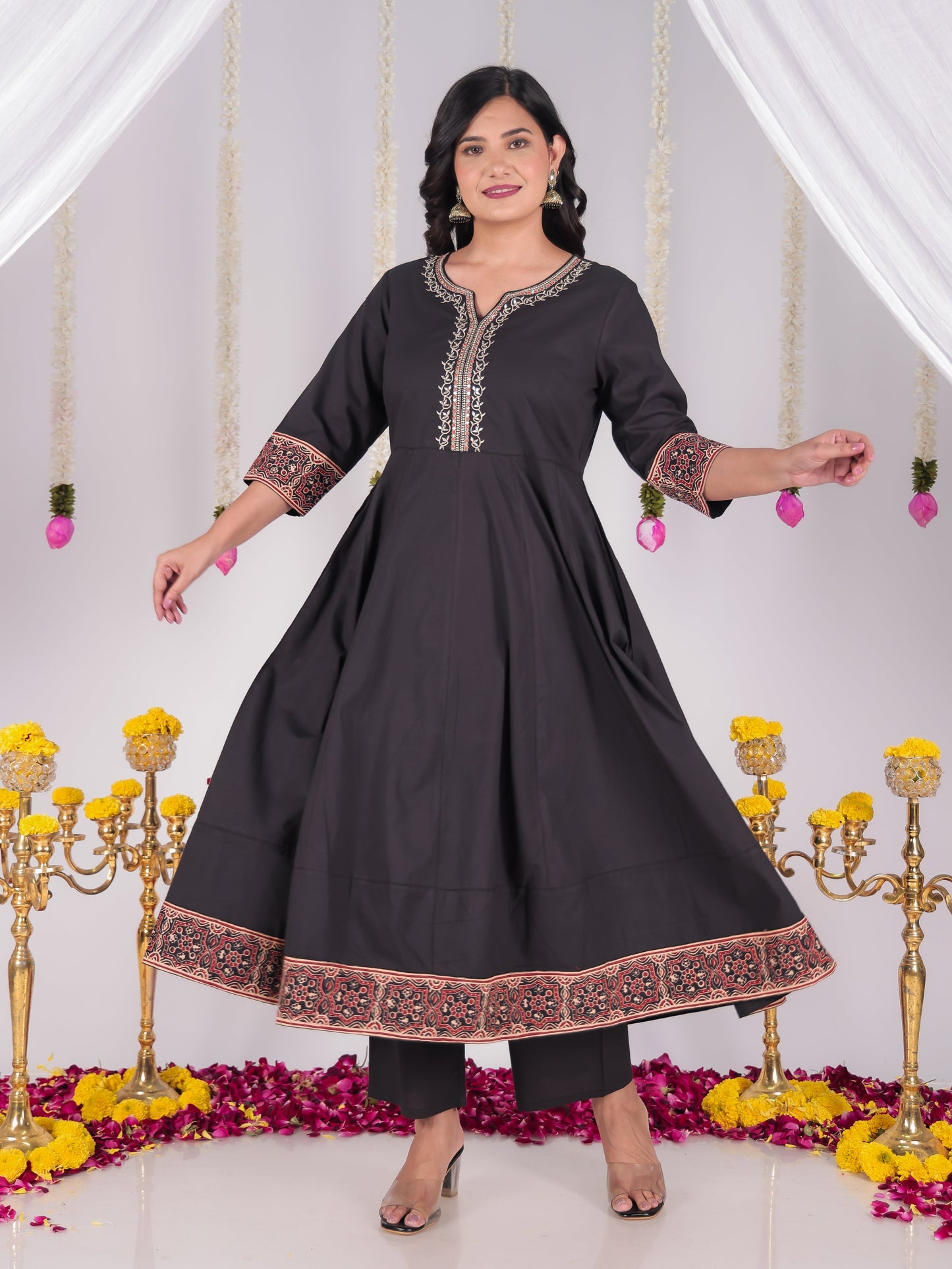 Embroidered Soft Cotton Solid Straight Black Kurta