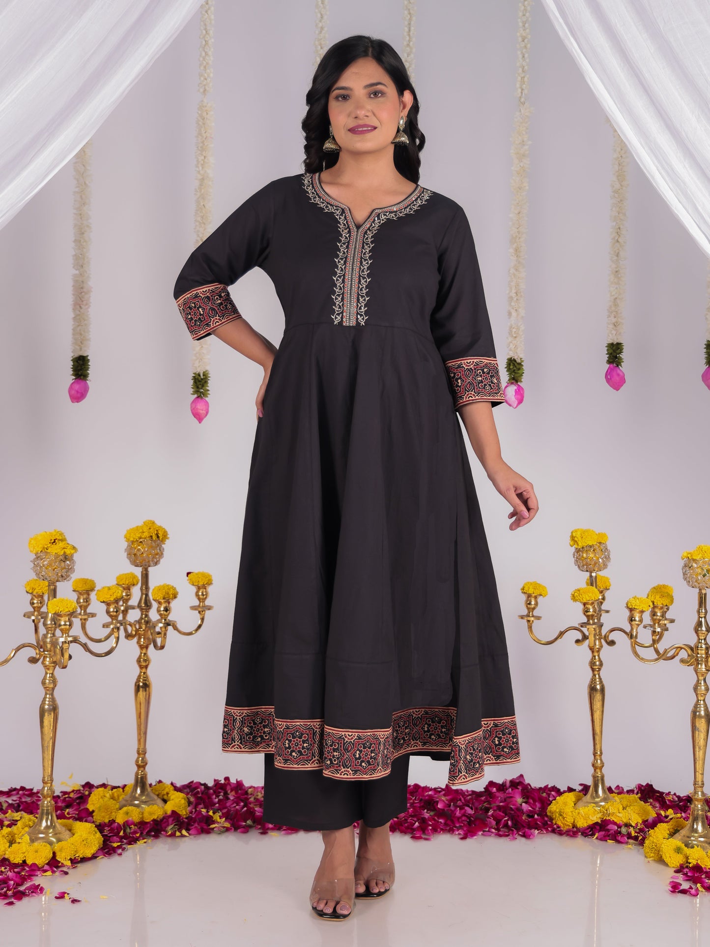 Embroidered Soft Cotton Solid Straight Black Kurta