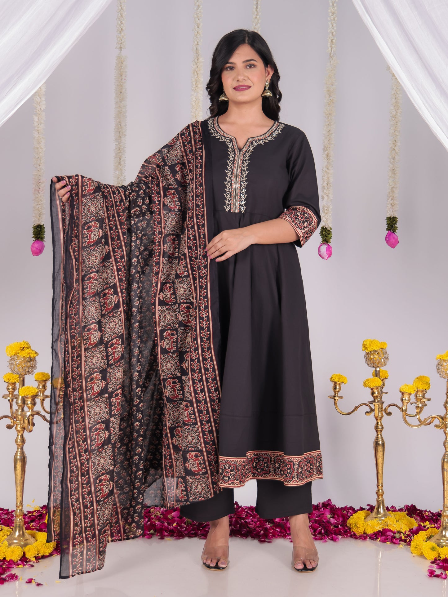 Embroidered Soft Cotton Solid Straight Black Kurta