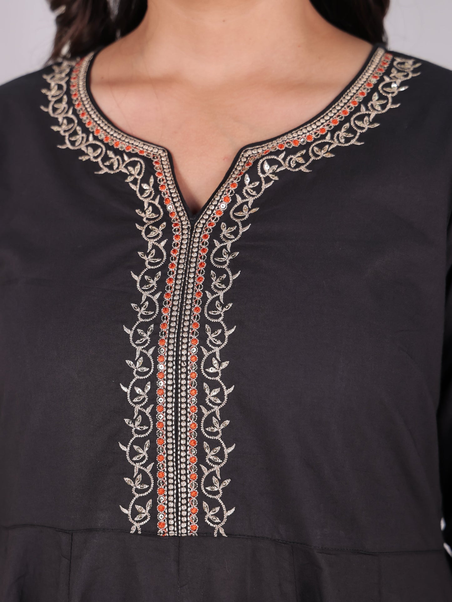 Embroidered Soft Cotton Solid Straight Black Kurta