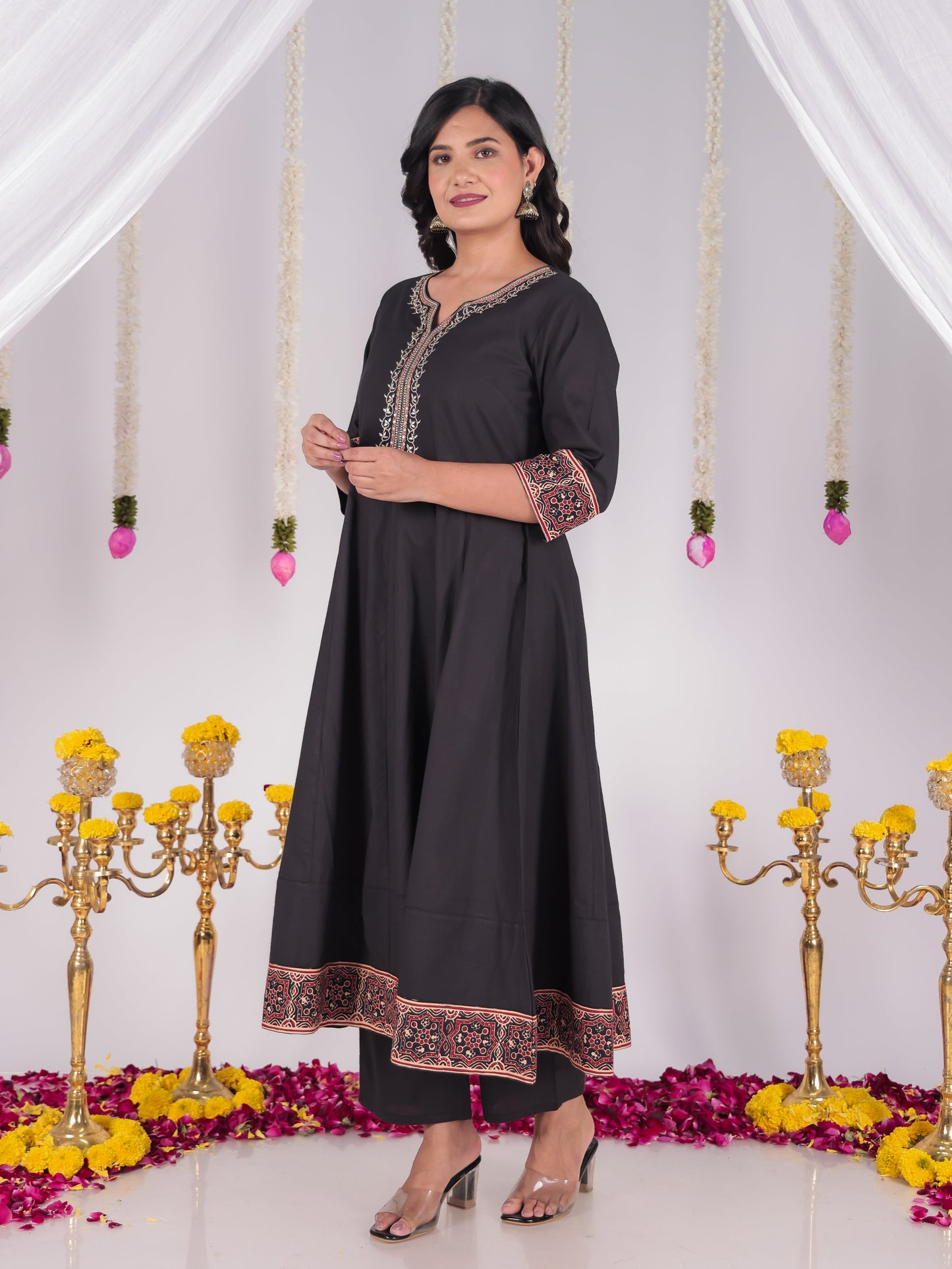 Embroidered Soft Cotton Solid Straight Black Kurta