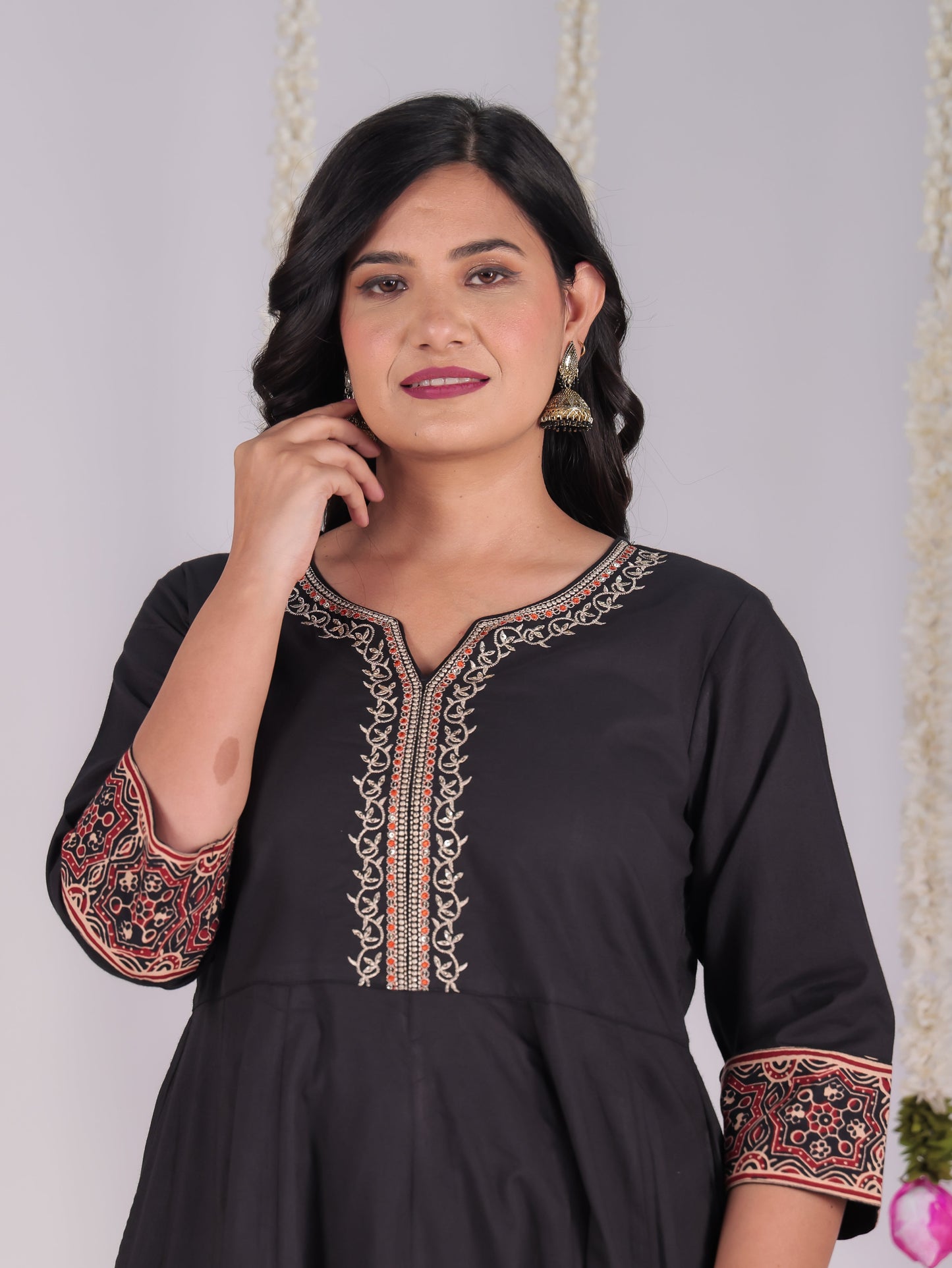 Embroidered Soft Cotton Solid Straight Black Kurta