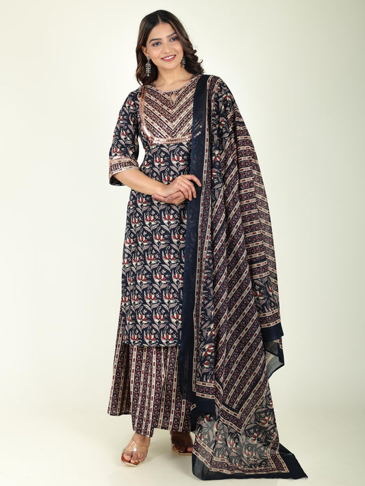 Soft Cotton Floral Straight Blue Kurta