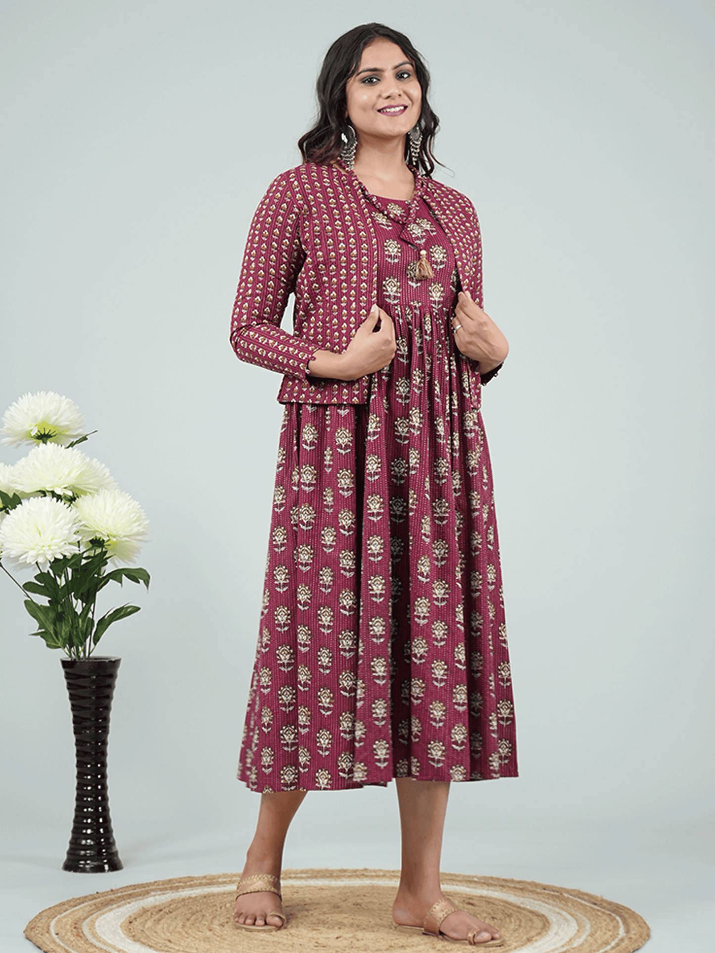Kantha Cotton Floral Gathered Purple Dress with Necklace