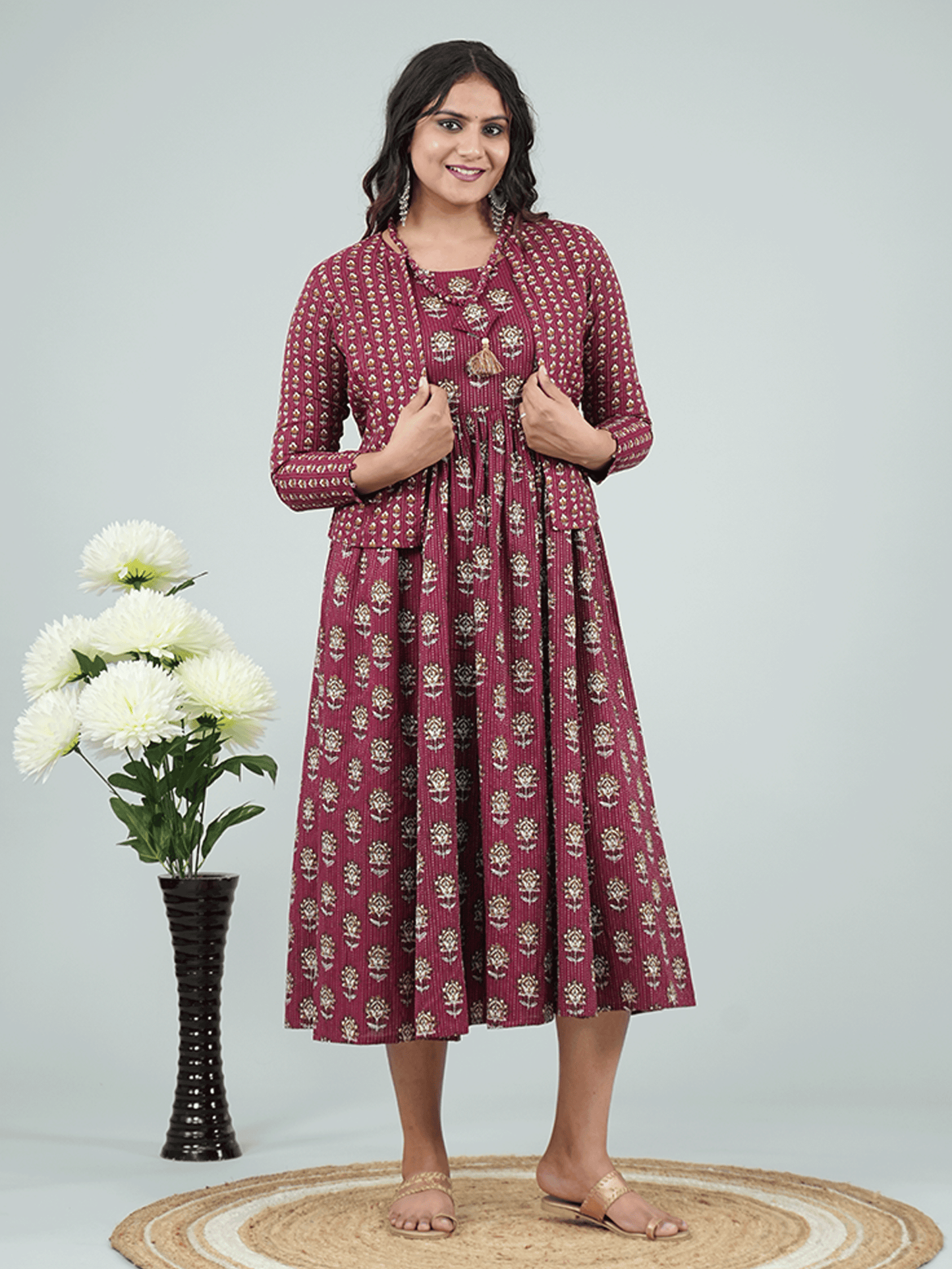 Kantha Cotton Floral Gathered Purple Dress with Necklace