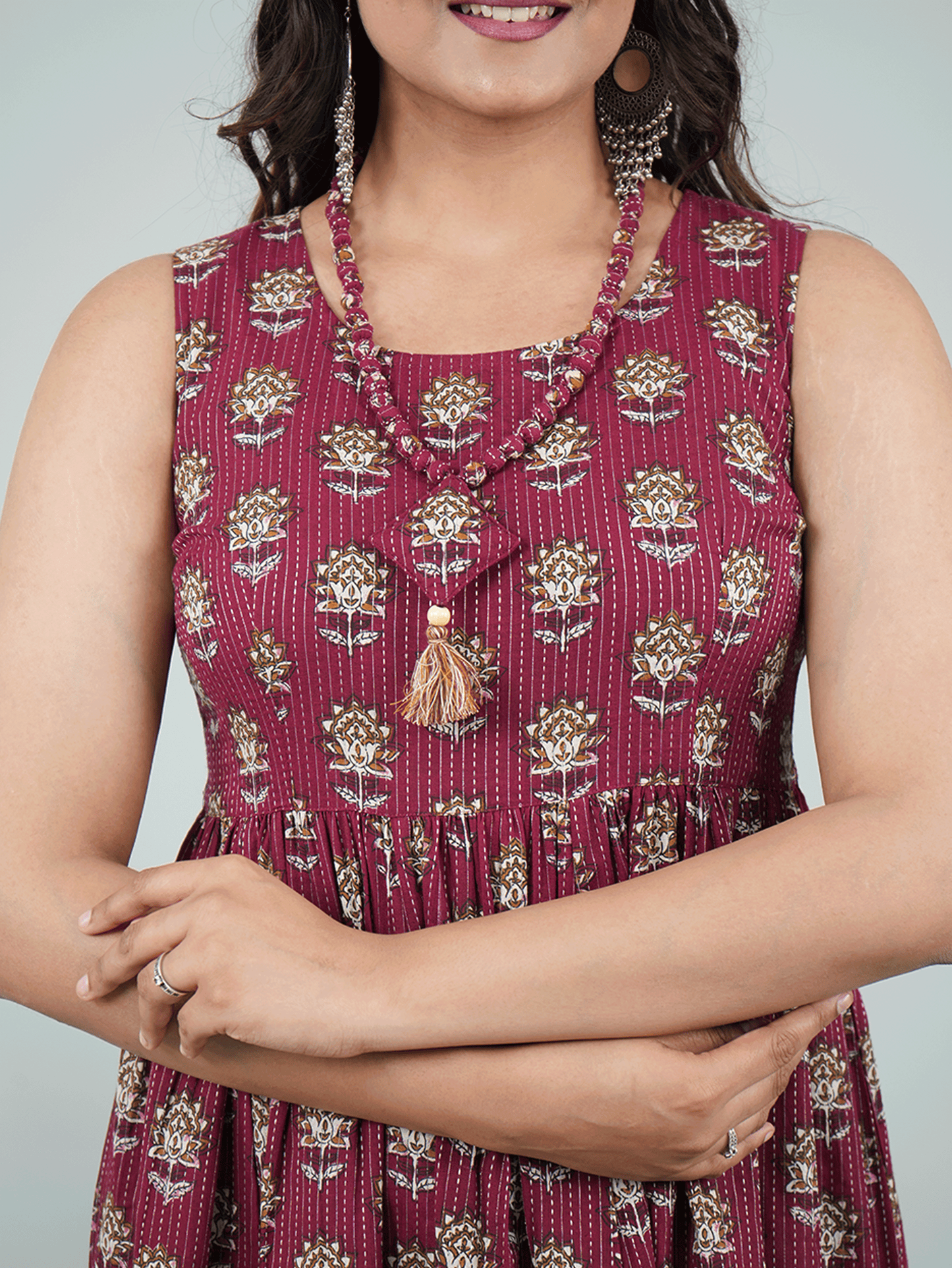 Kantha Cotton Floral Gathered Purple Dress with Necklace