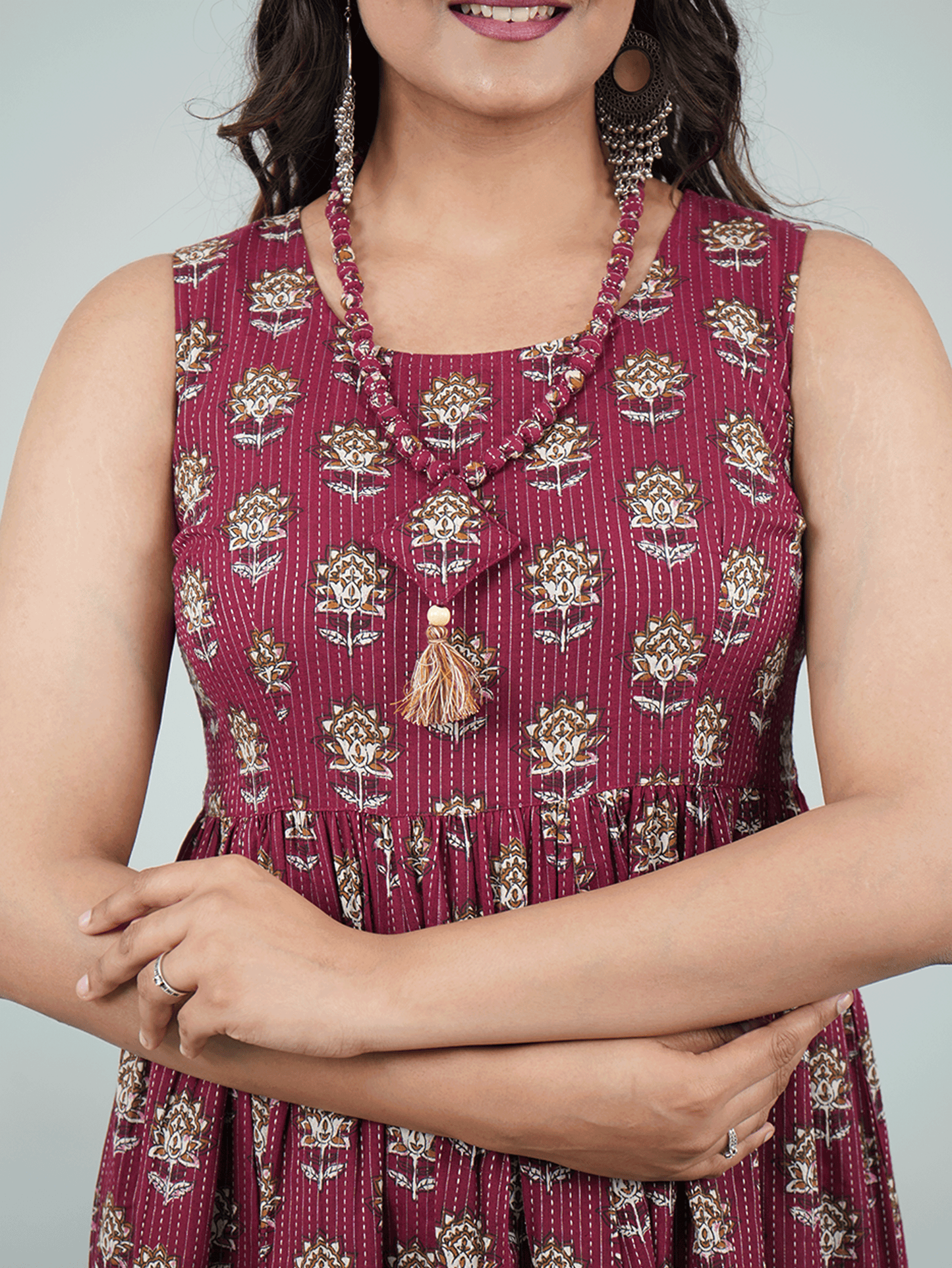 Kantha Cotton Floral Gathered Purple Dress with Necklace