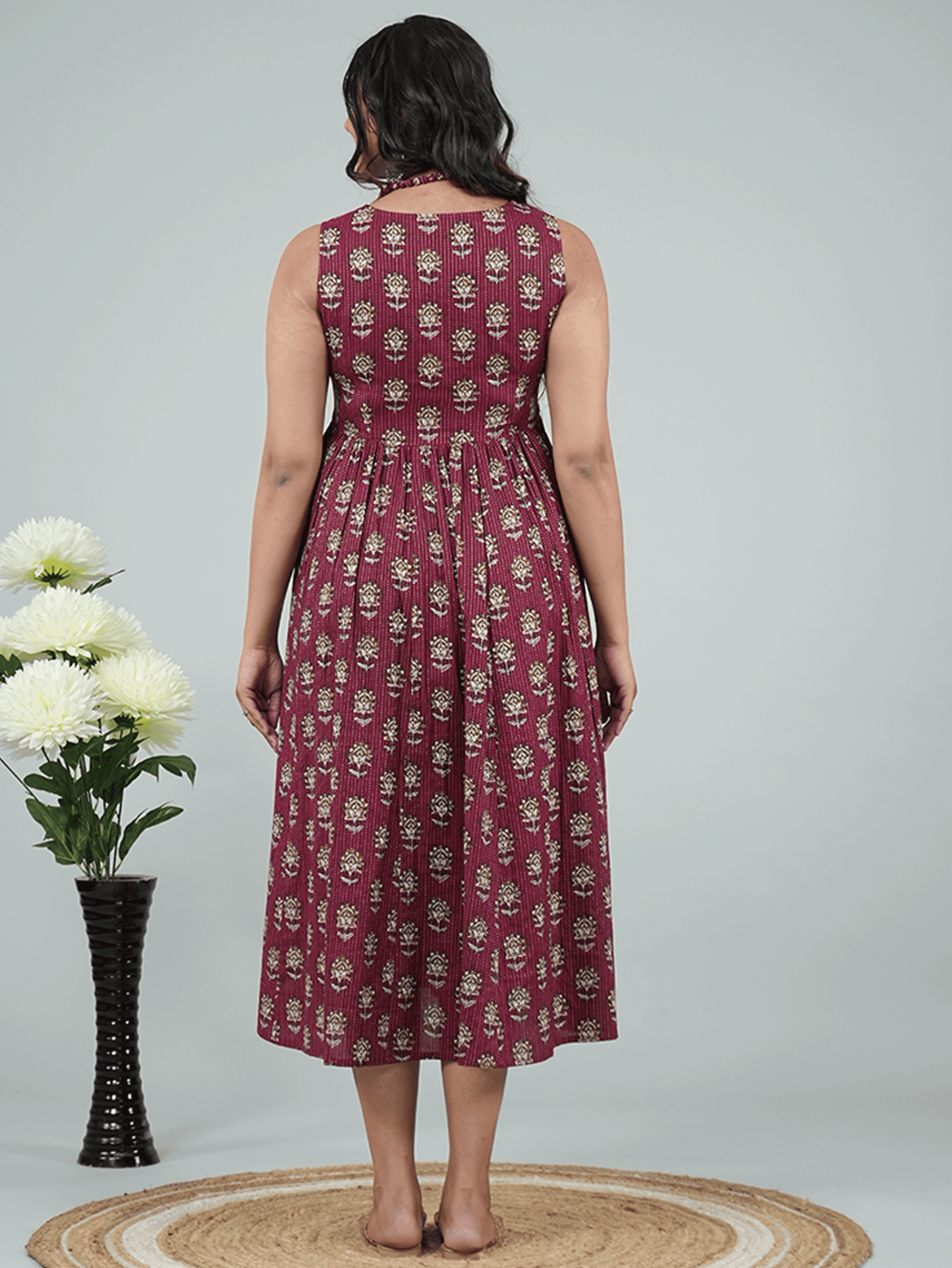Kantha Cotton Floral Gathered Purple Dress with Necklace