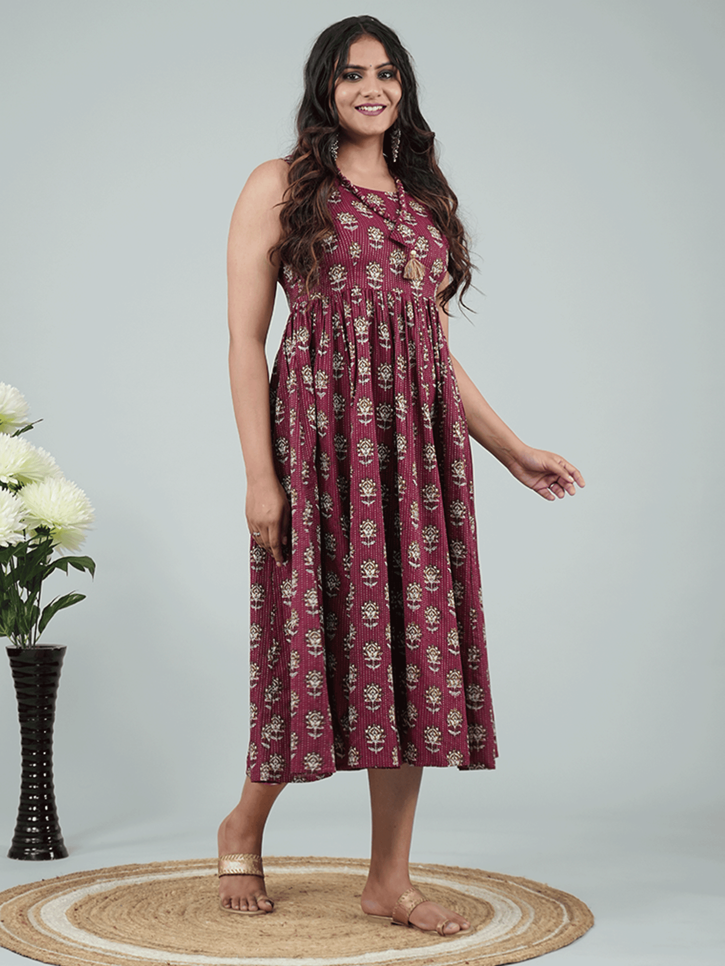 Kantha Cotton Floral Gathered Purple Dress with Necklace