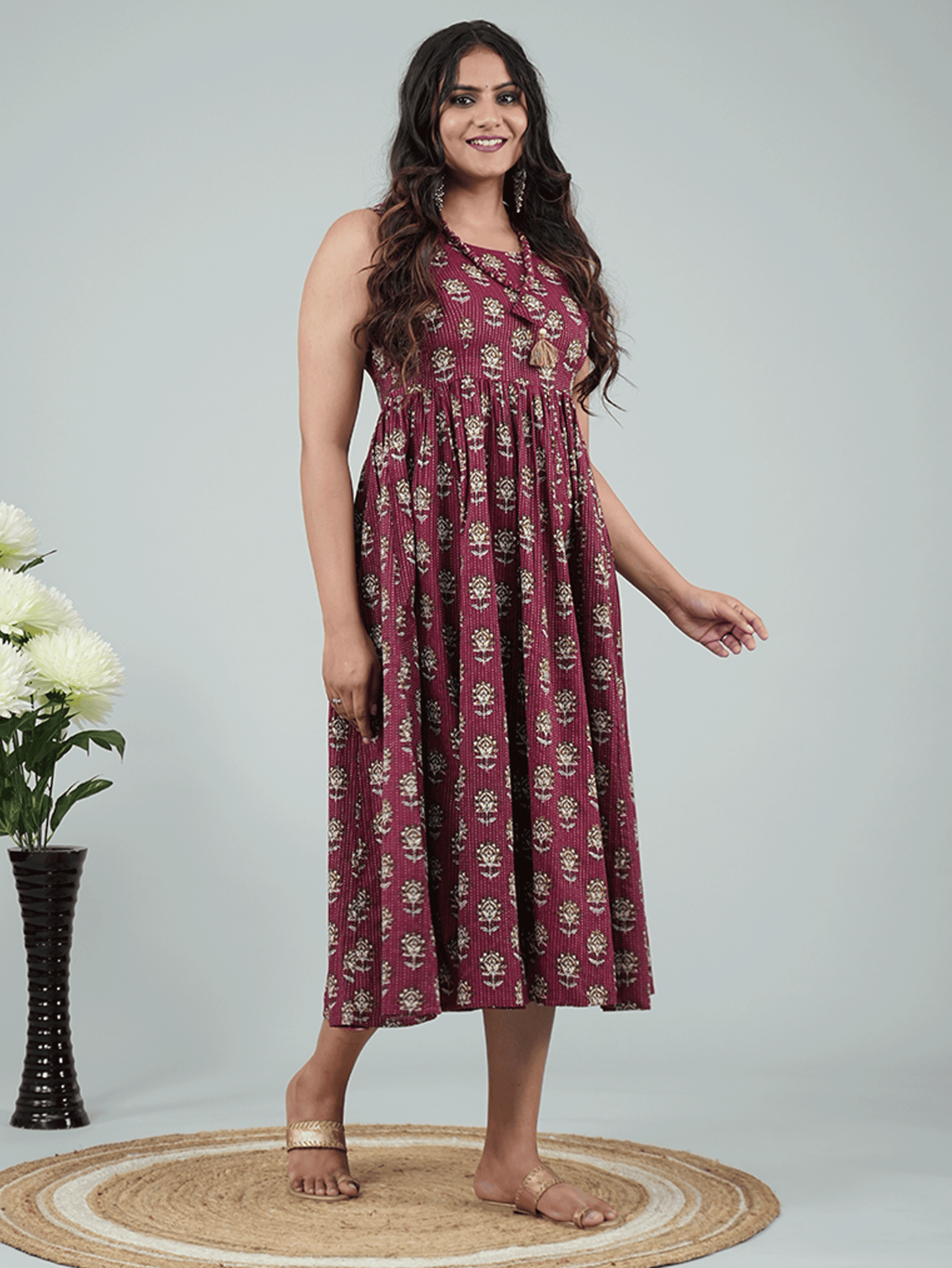 Kantha Cotton Floral Gathered Purple Dress with Necklace
