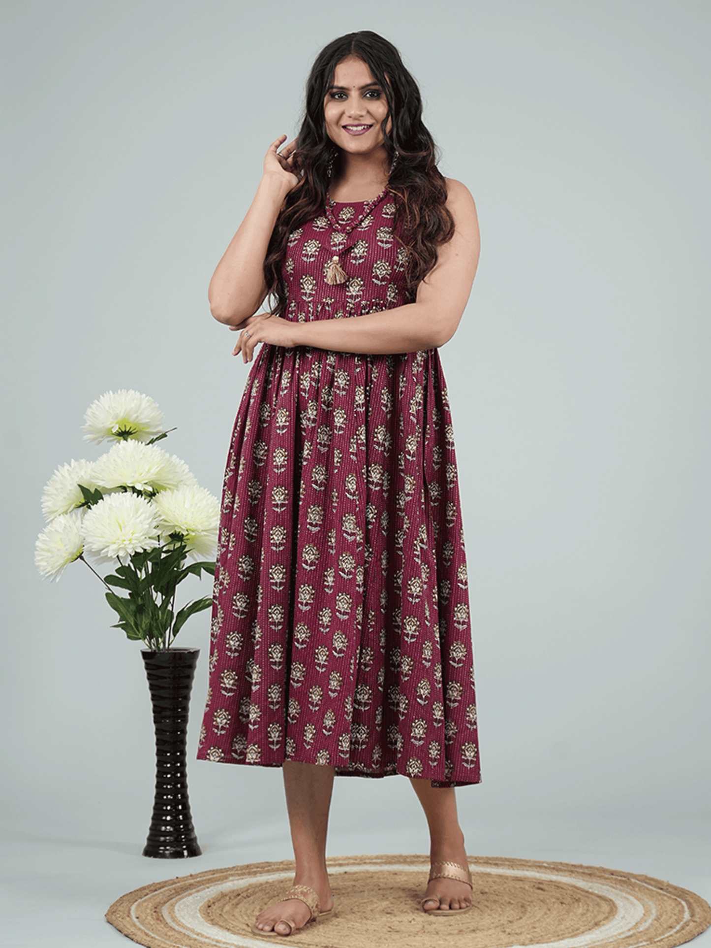 Kantha Cotton Floral Gathered Purple Dress with Necklace