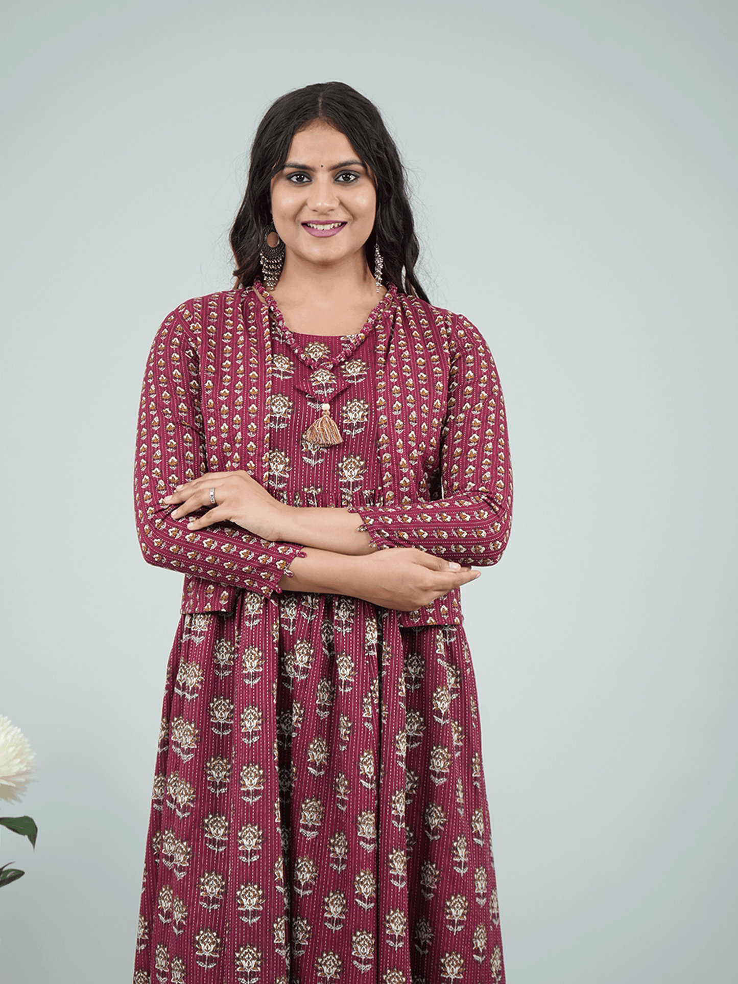 Kantha Cotton Floral Gathered Purple Dress with Necklace
