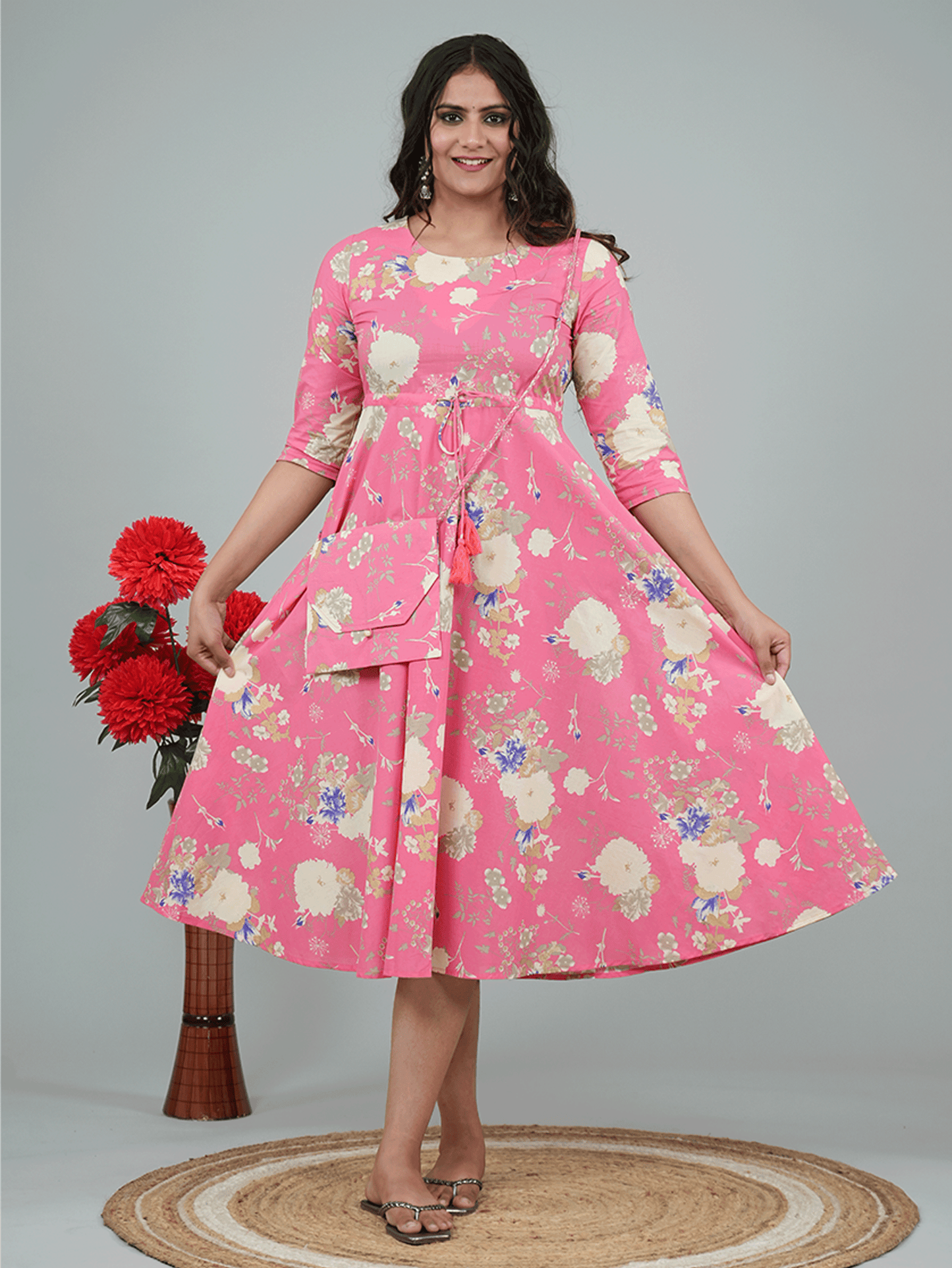 Linen Cotton Floral Anarkali Pink Dress