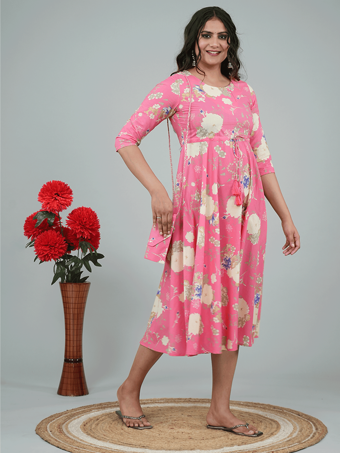 Linen Cotton Floral Anarkali Pink Dress