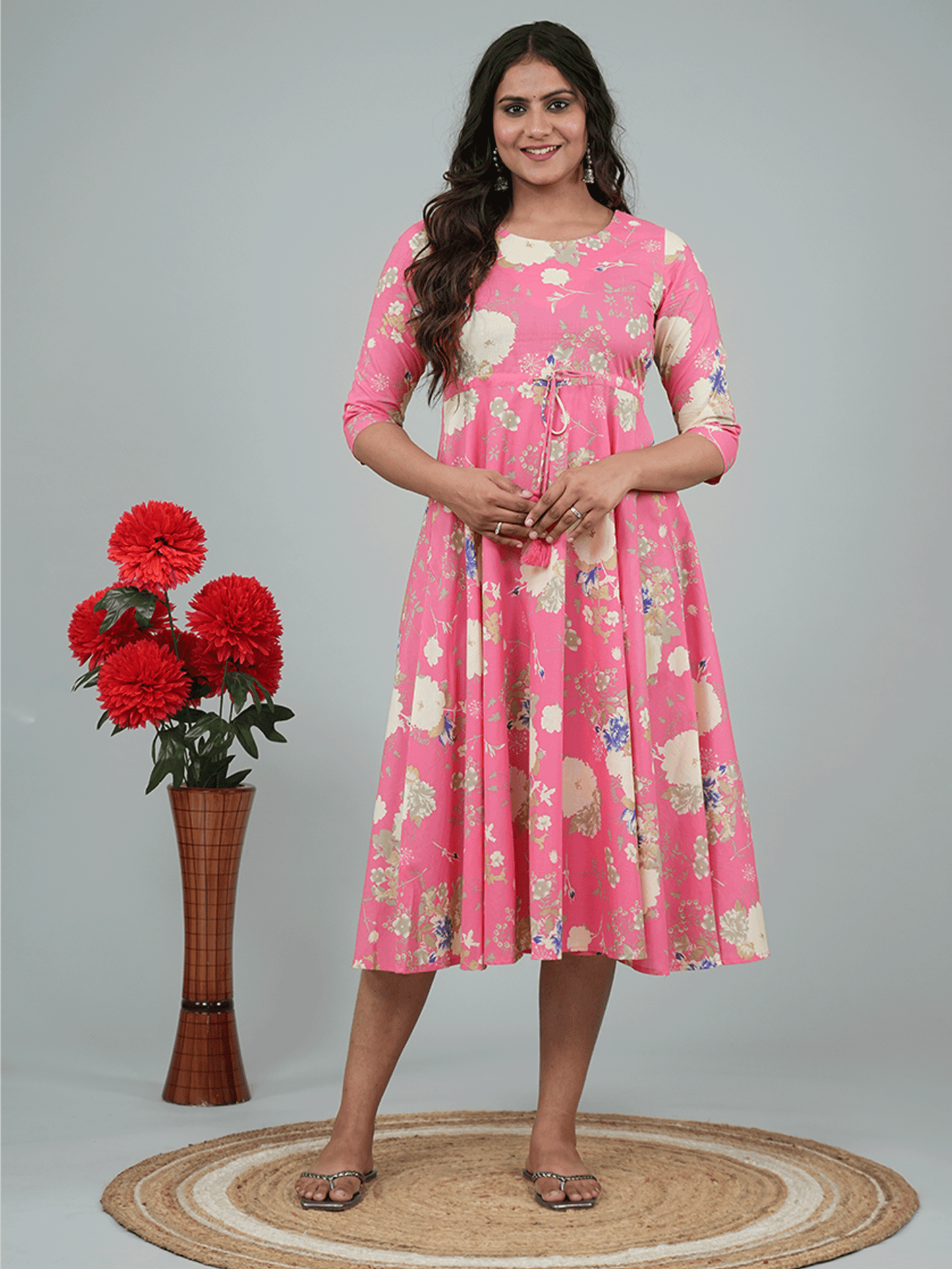 Linen Cotton Floral Anarkali Pink Dress