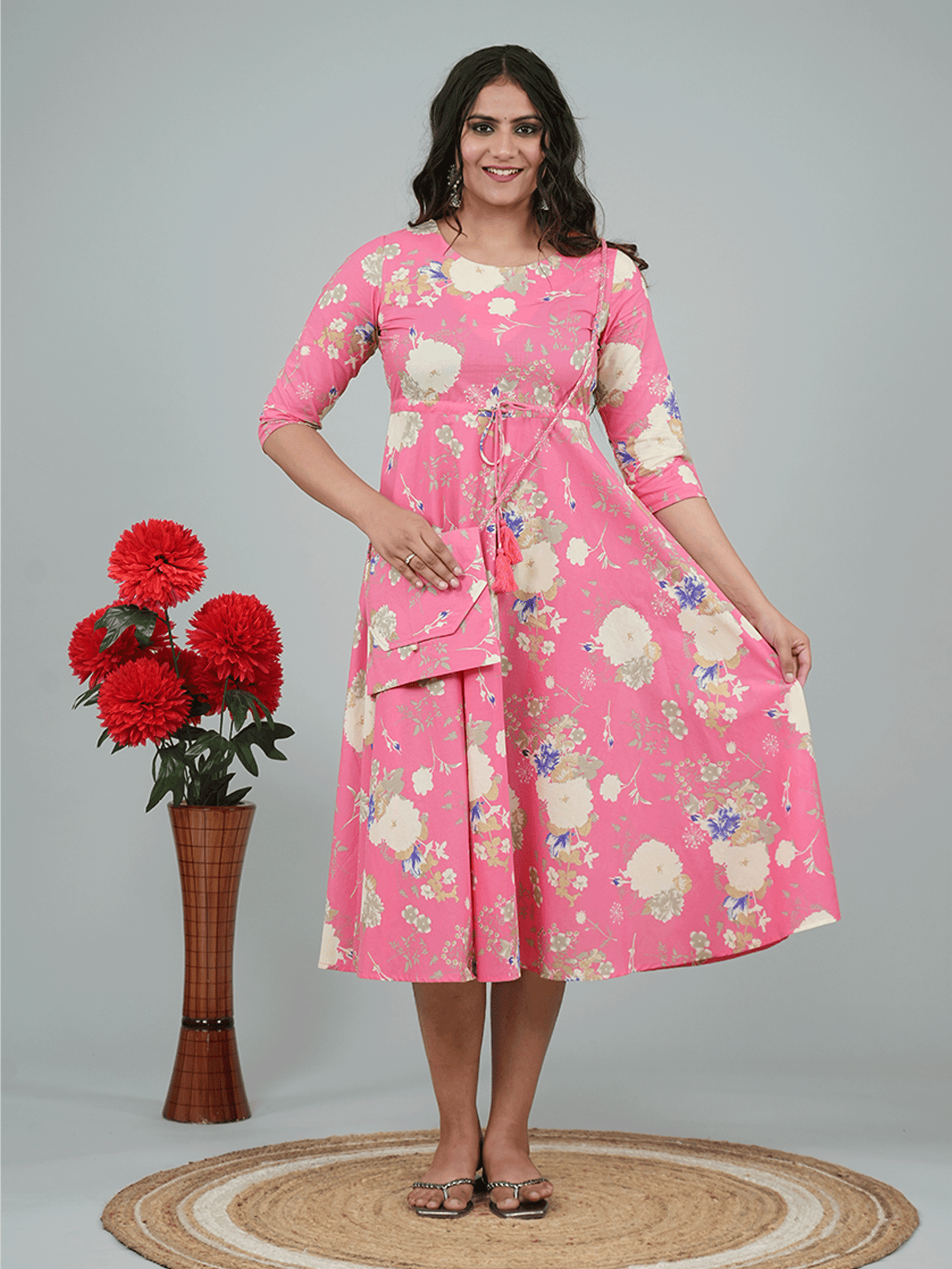 Linen Cotton Floral Anarkali Pink Dress