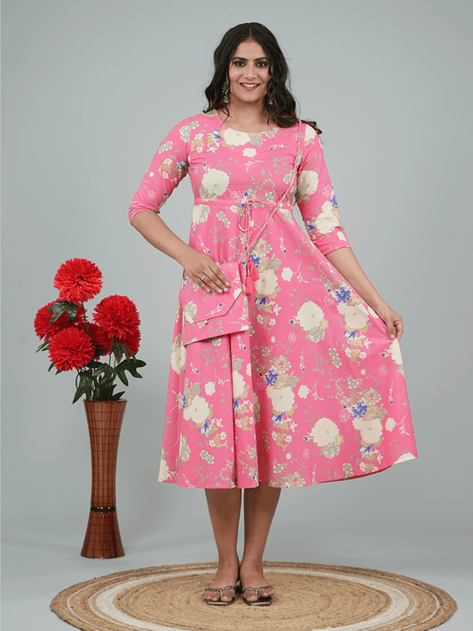 Linen Cotton Floral Anarkali Pink Dress