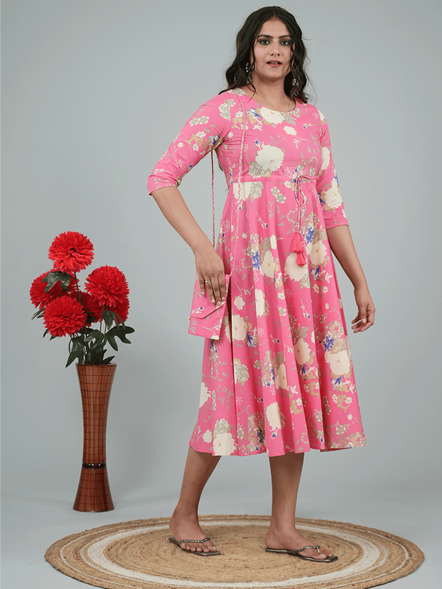 Linen Cotton Floral Anarkali Pink Dress