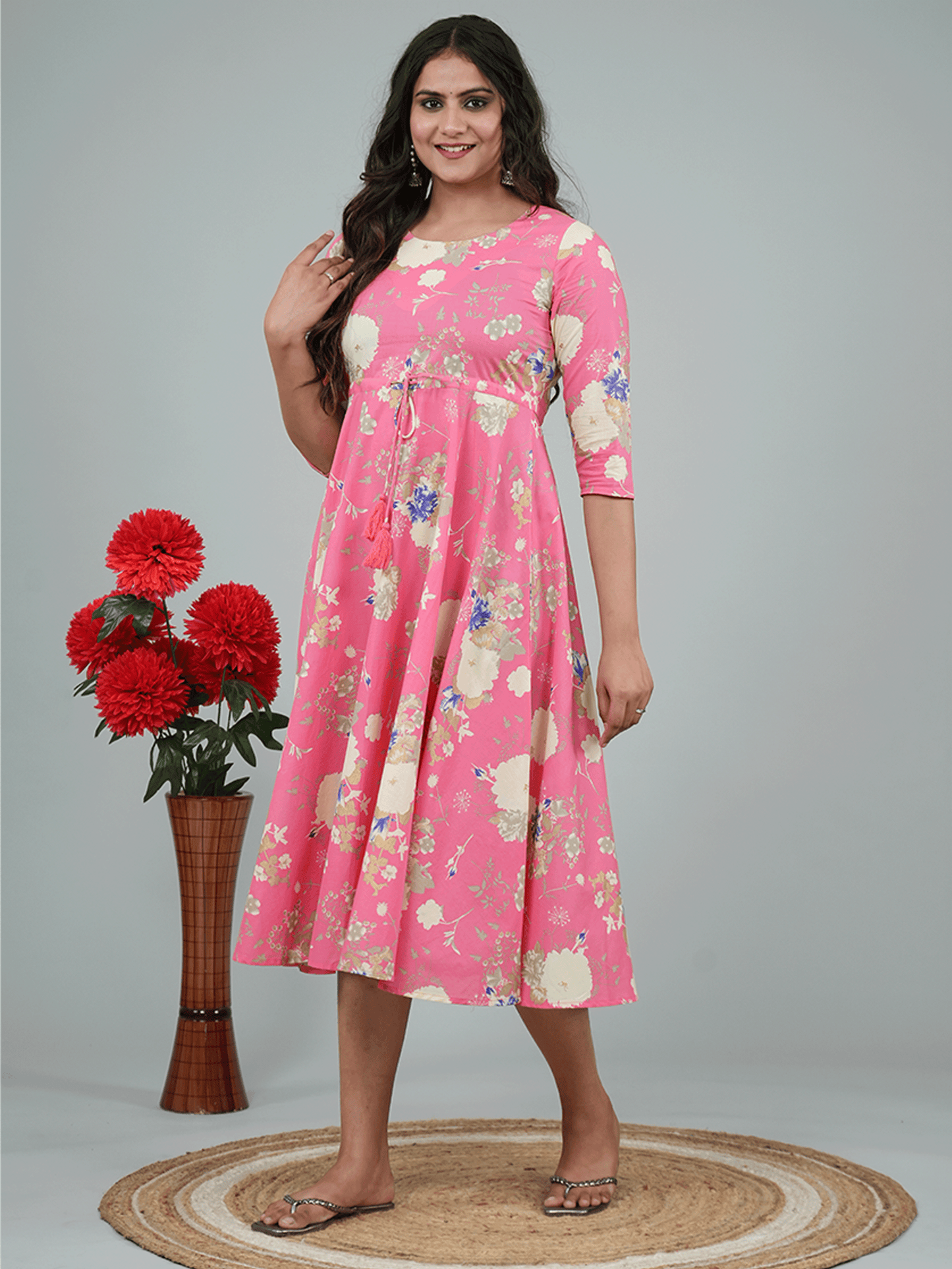 Linen Cotton Floral Anarkali Pink Dress