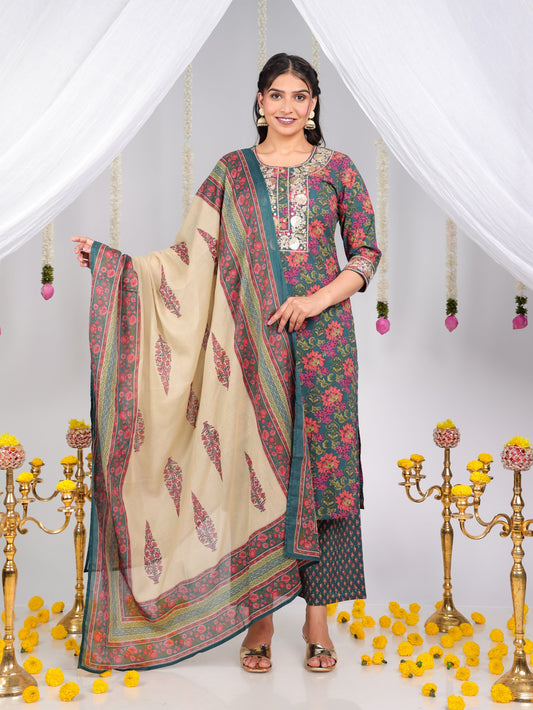 Cotton Voile Floral Green Dupatta