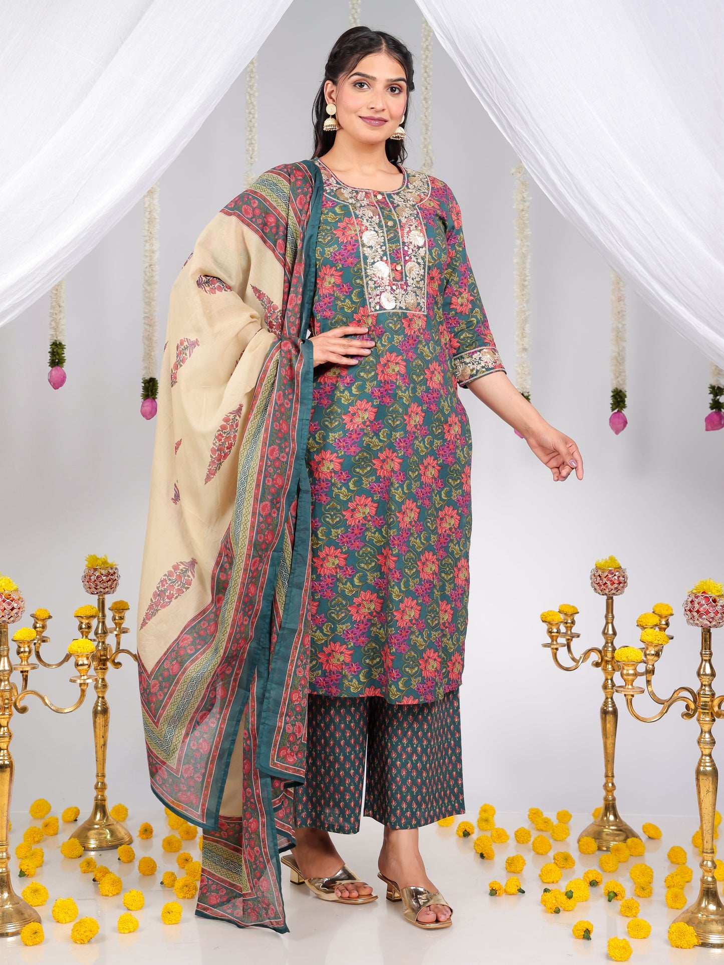 Cotton Voile Floral Green Dupatta